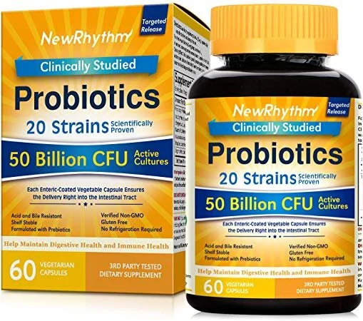 NewRhythm Probiotics 50 Billion CFU 20 Strains, 60 Veggie Capsules, Targeted Release Technology, Stomach Acid Resistant, No Need for Refrigeration, Non-GMO, Gluten Free for $14.44 (64% off)
