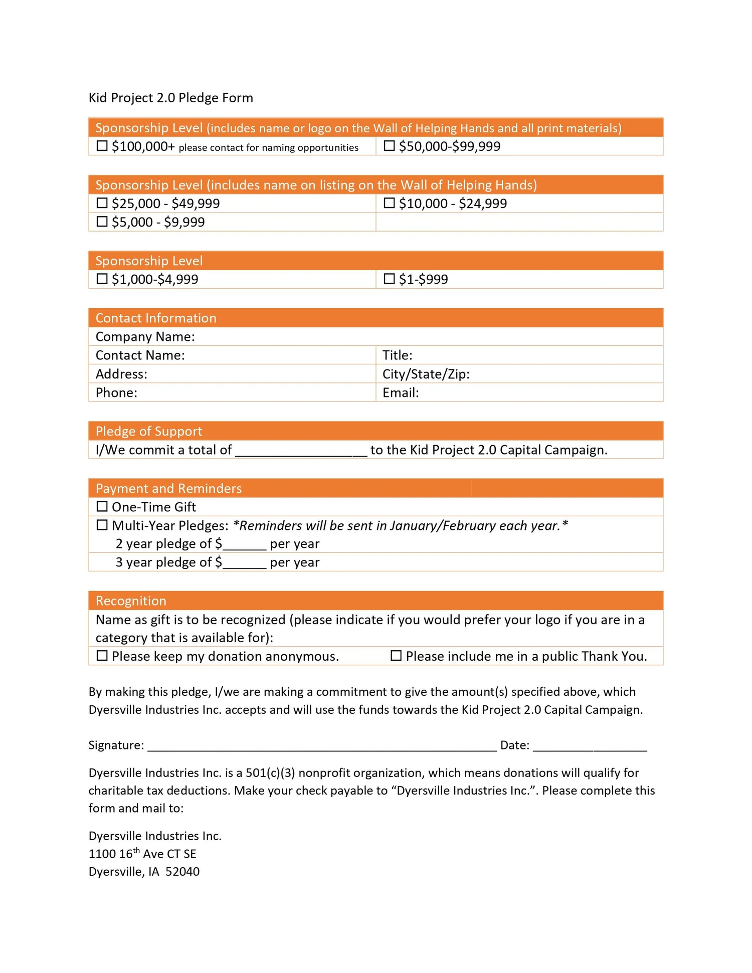 PLEDGE FORM — Dyersville Economic Development Corporation