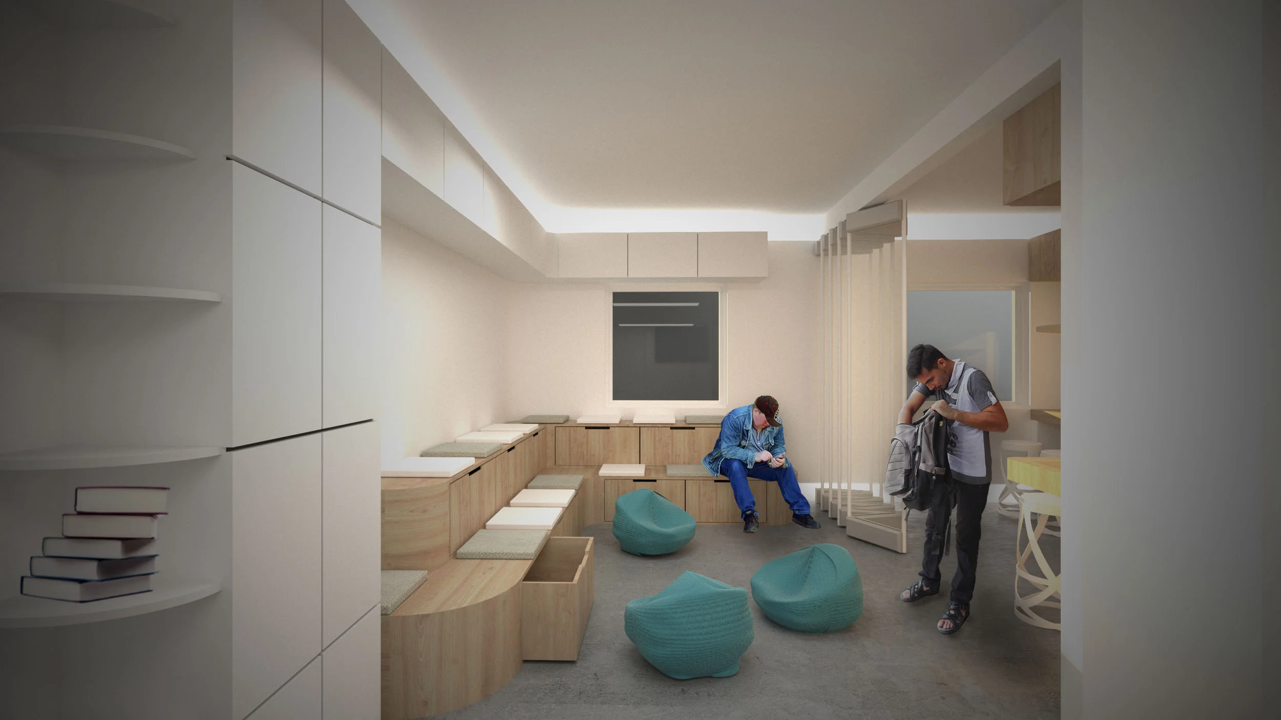  The activity room and laptop center can be two separate rooms or one big room that allows workshops and classes. The activity room also serve as a space to storage donations inside the sitting areas. 