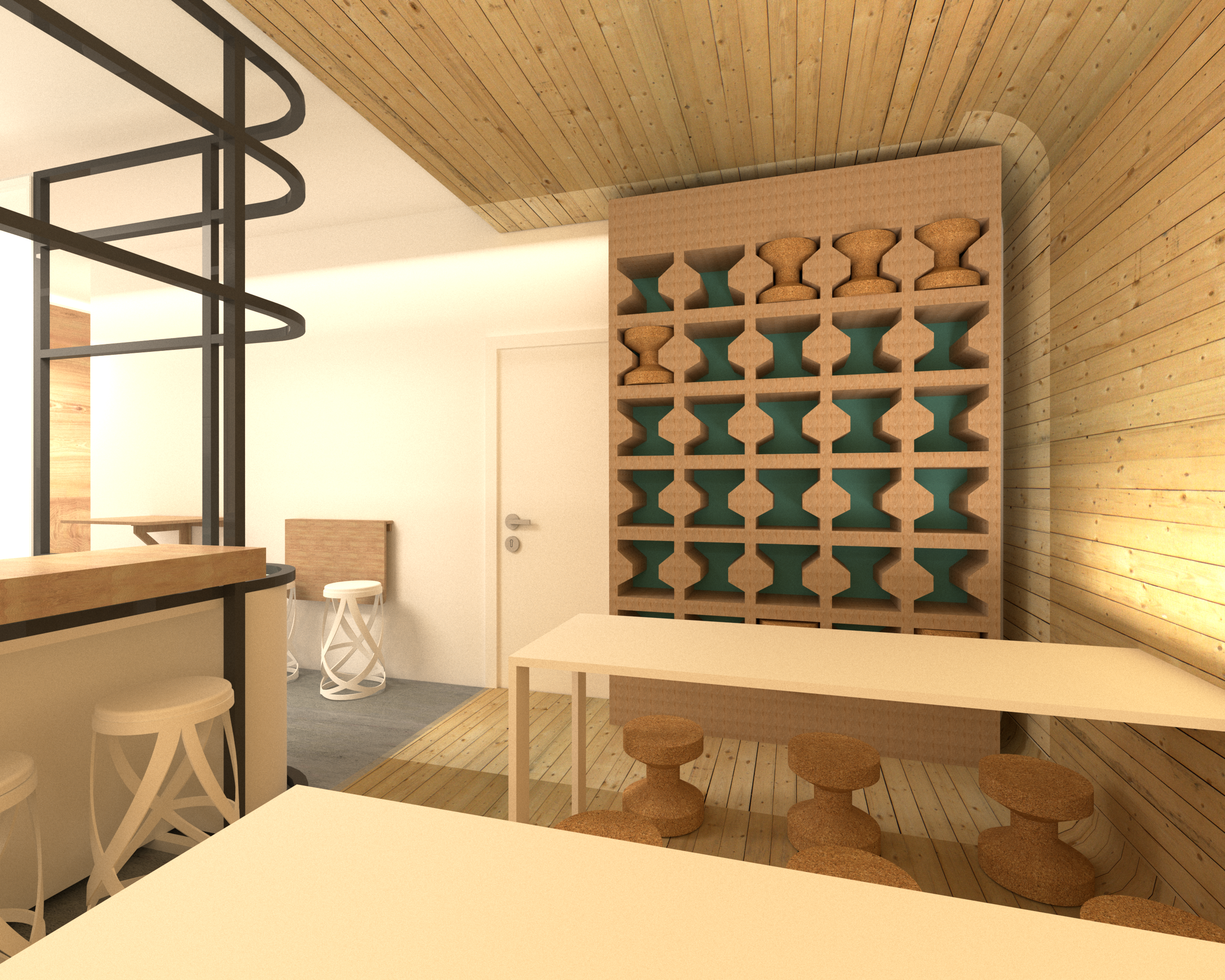  View of the custom stool storage in the dining room (see construction detailing of the stool storage) 