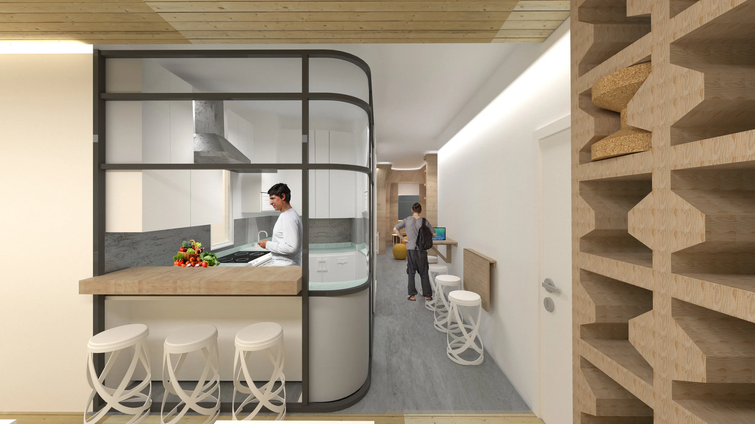  View of the kitchen space showing the corridor connecting the dining room, kitchen and nest area by the end. 