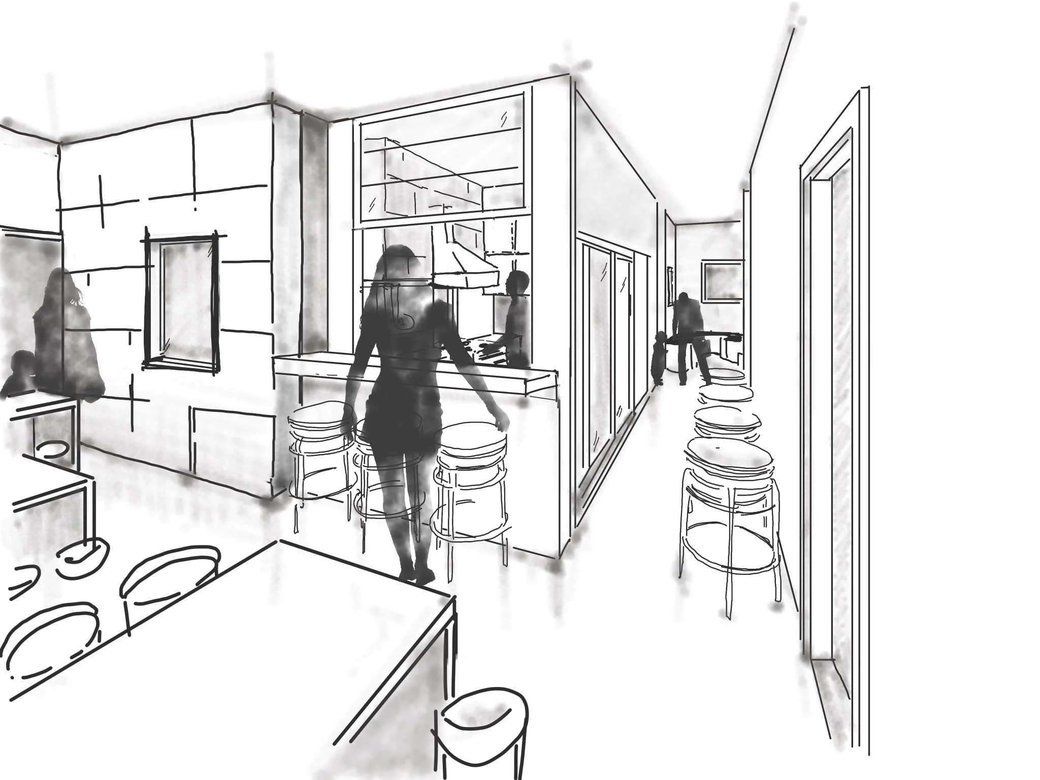  Perspective sketch of the kitchen looking towards the nest area. 