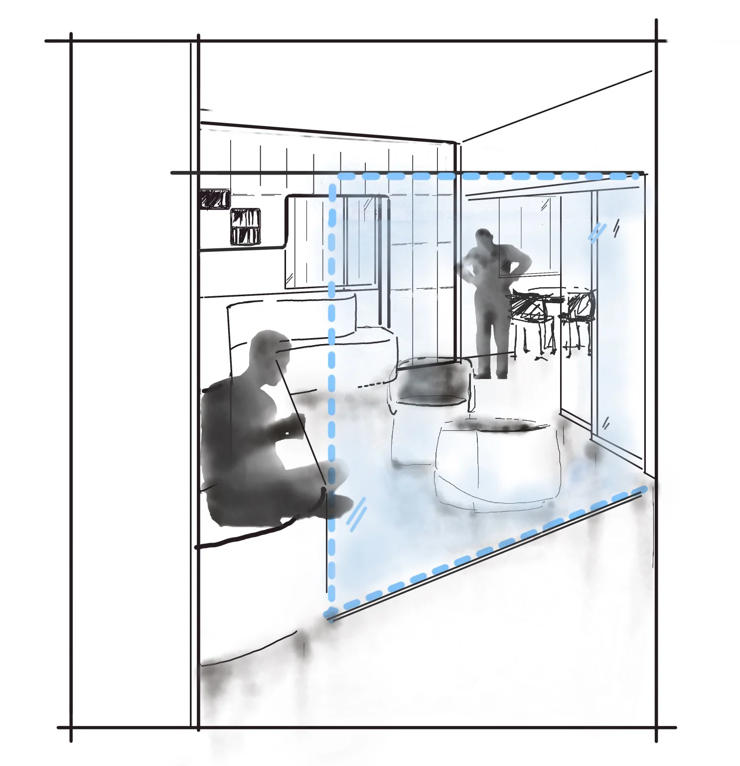  Perspective sketch of the activity room looking from the laptop center 