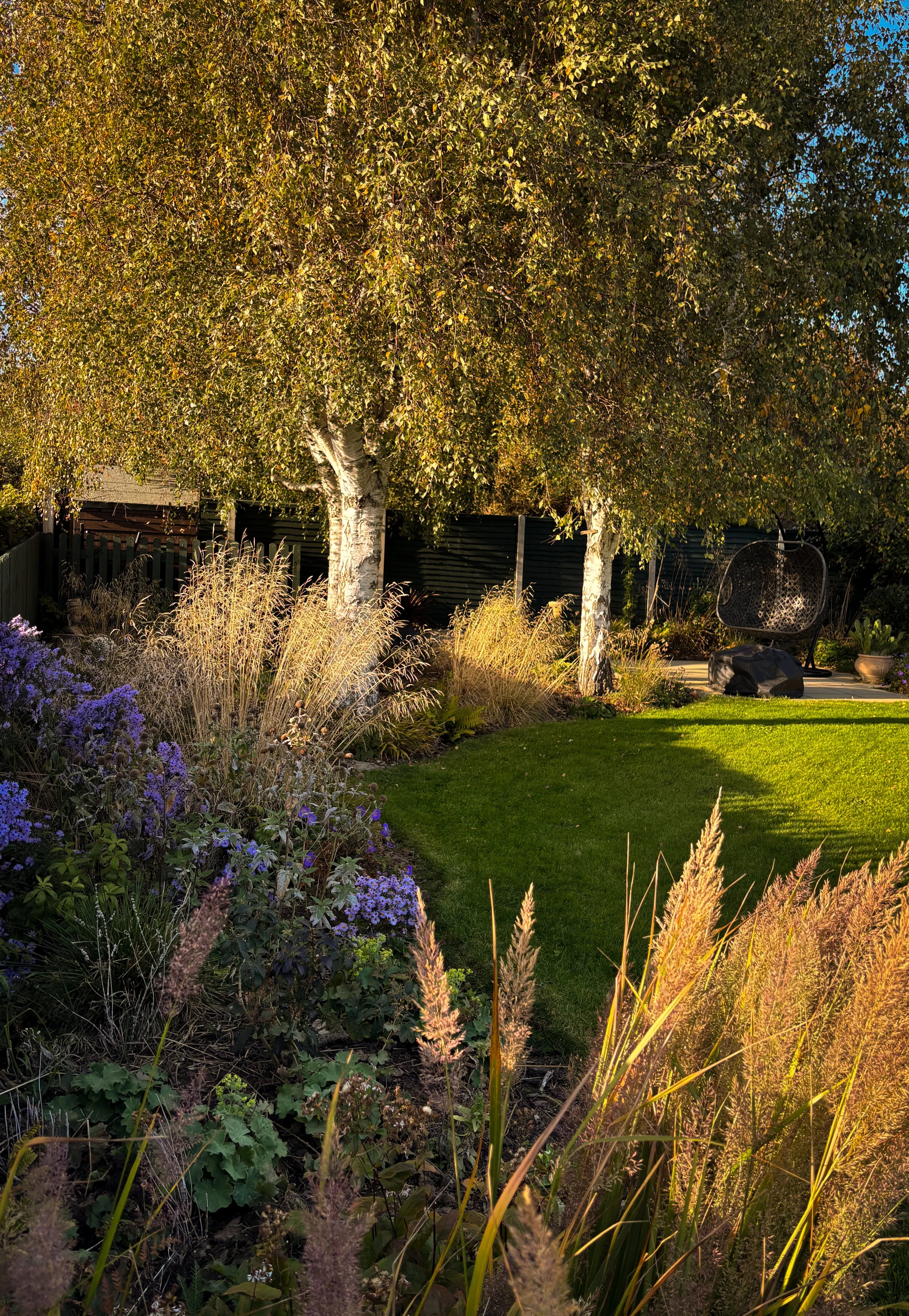 Naturalistic planting surrounding the lawn in a Somerset garden