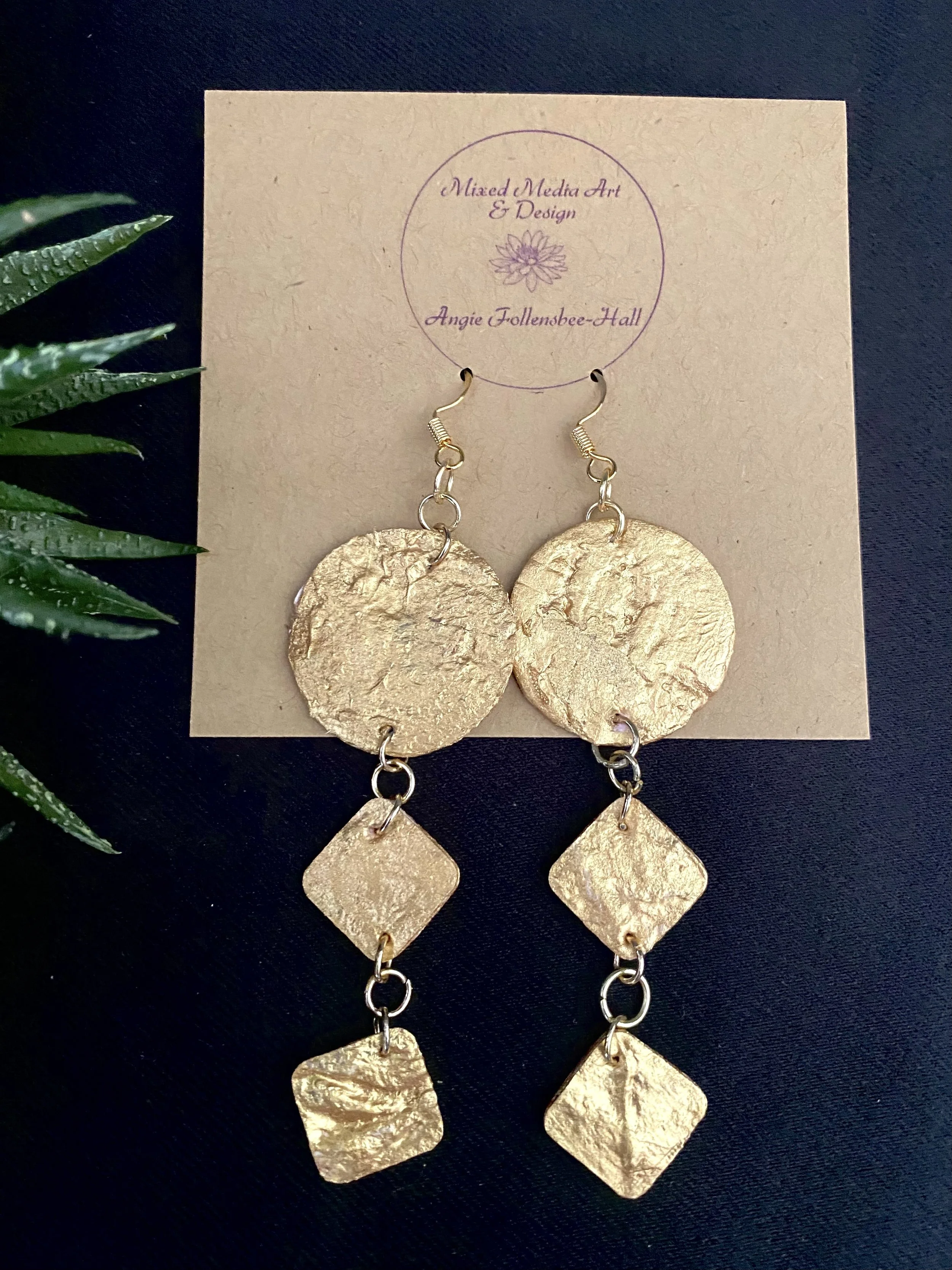 Gold Earring: Circle and Diamonds, Three Drops