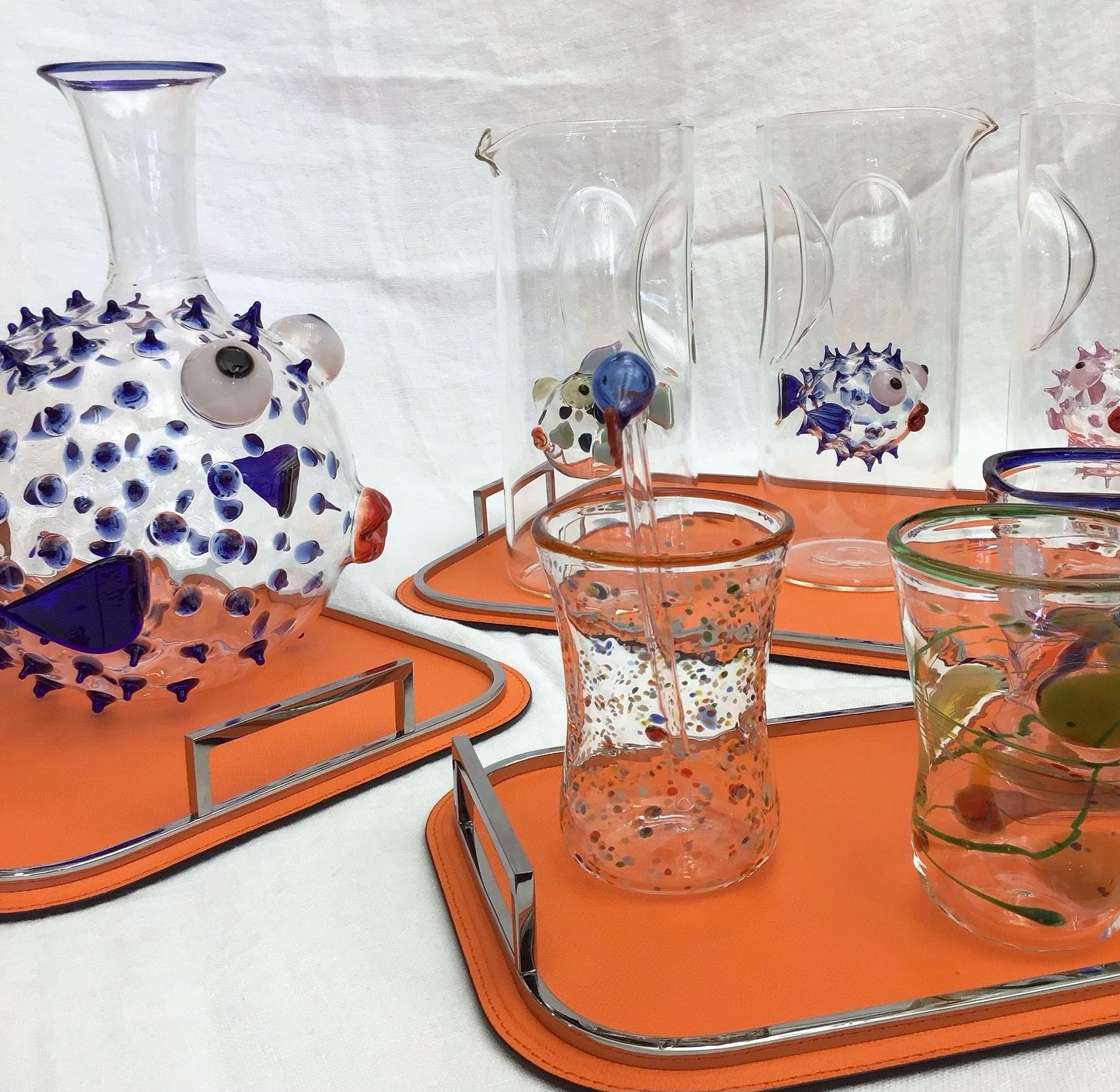New Luxury new design glassware 🐡Only the best blowers from Italy can make these limited carafes and glasses in fun colorful designs - too many styles to choose from🎉 
.
.
#italia #blowfish #color #handmade #new #tablescapes #havingfun #glass #mura