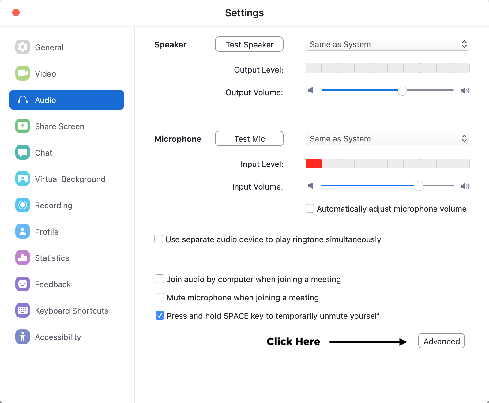ZOOM AUDIO STEP FOUR - Click on the “Advanced Tab”