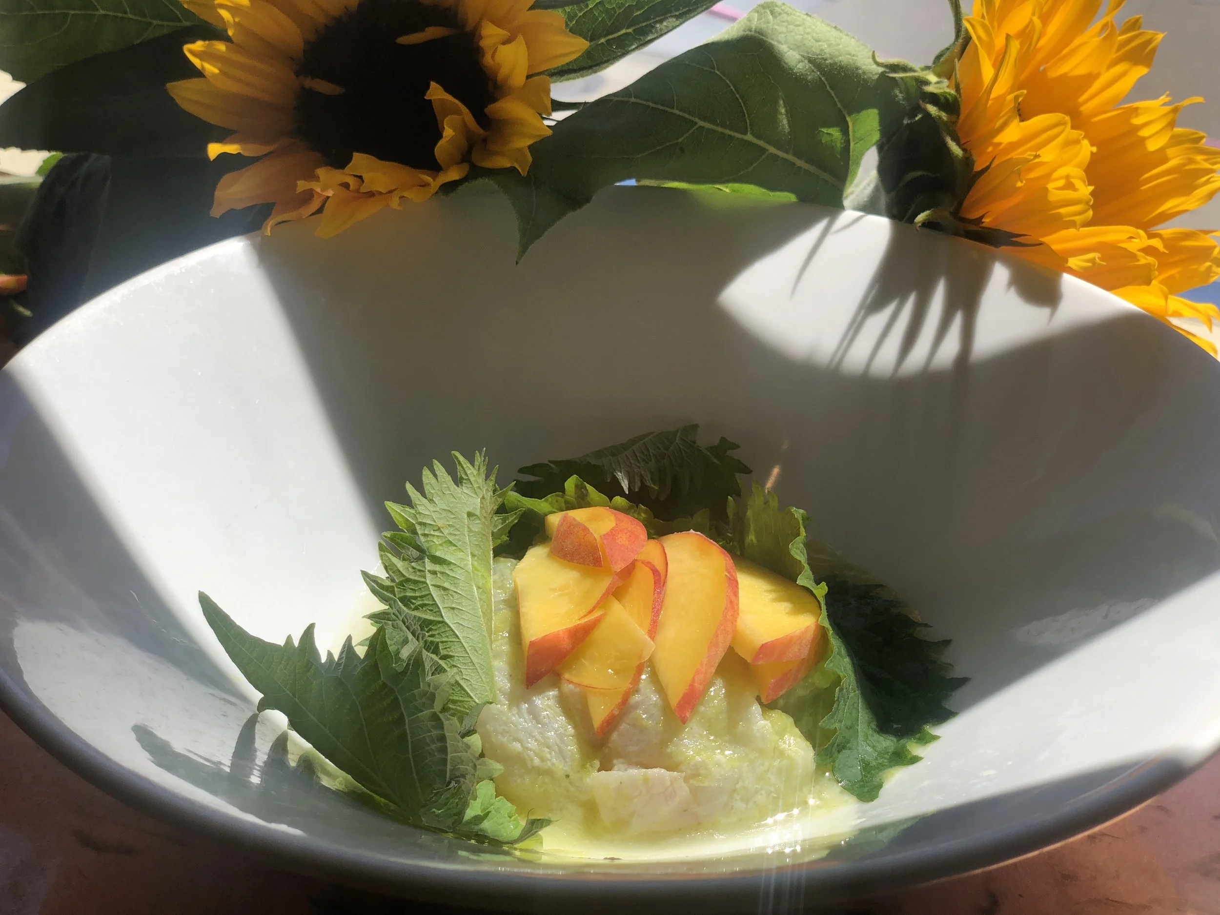 A white ceramic bowl containing a creamy yellow dish with slices of peach and small red pepper pieces, surrounded by green leafy herbs, in bright natural light.