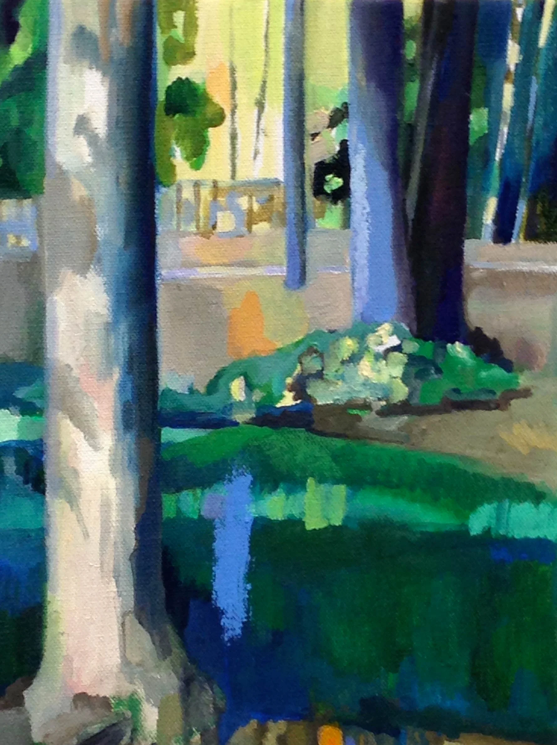 Trees with Blue oil and oil stick 12 x 9 inches, 2015