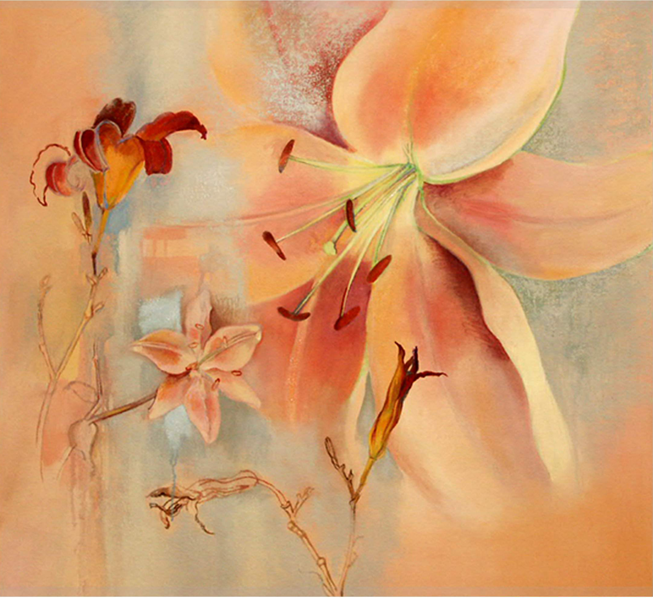 Daylily, always coming and going,oil and oil stick on canvas, 28 x 37 inches, 2006