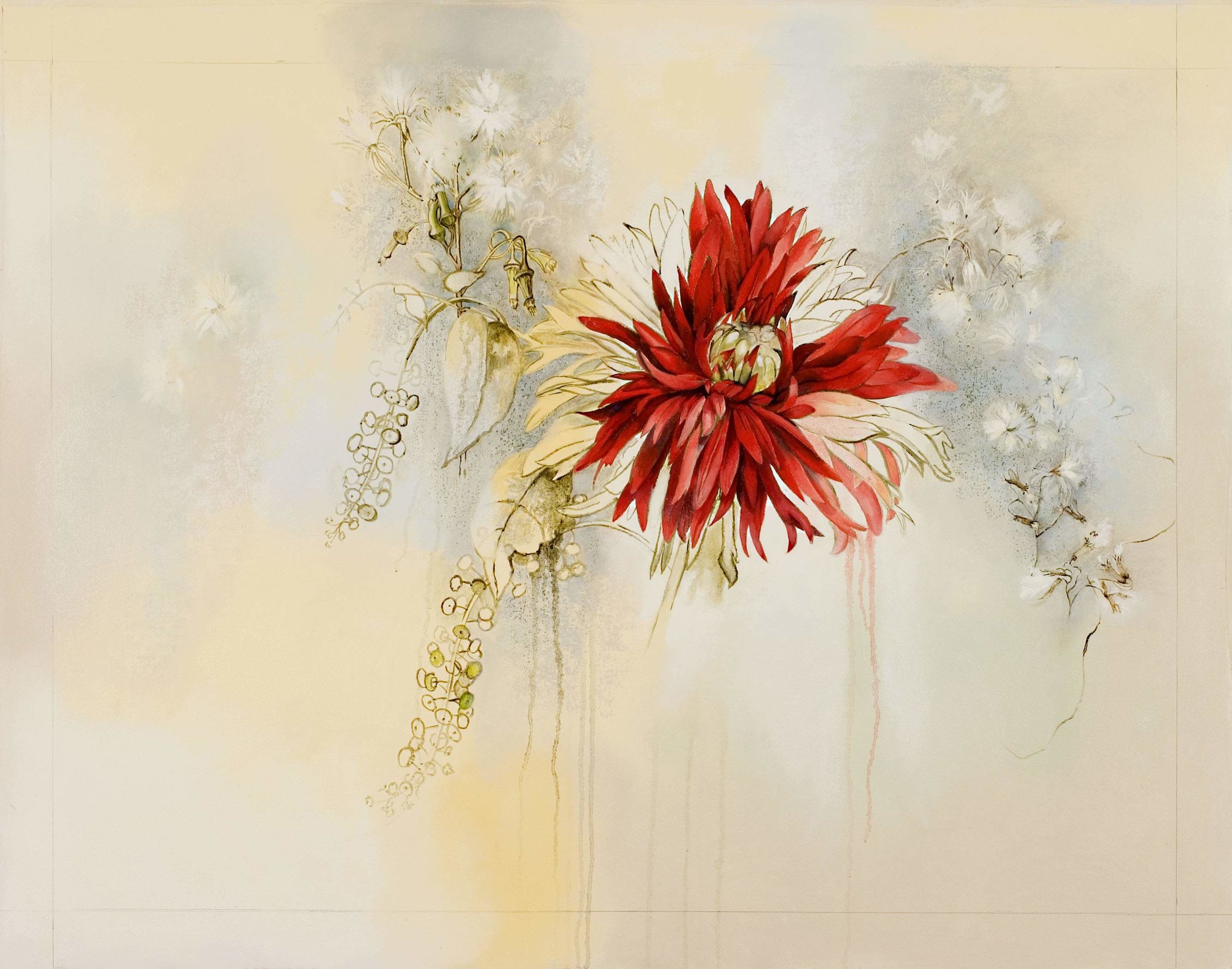Dahlia disappearing in the weeds , oil and oil stick on canvas, 28 x 37 inches, 2006