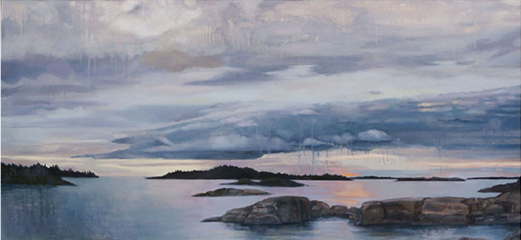 Islands Disappearing, oil and oil stick on canvas, 31 x 67 ½ inches, 2005