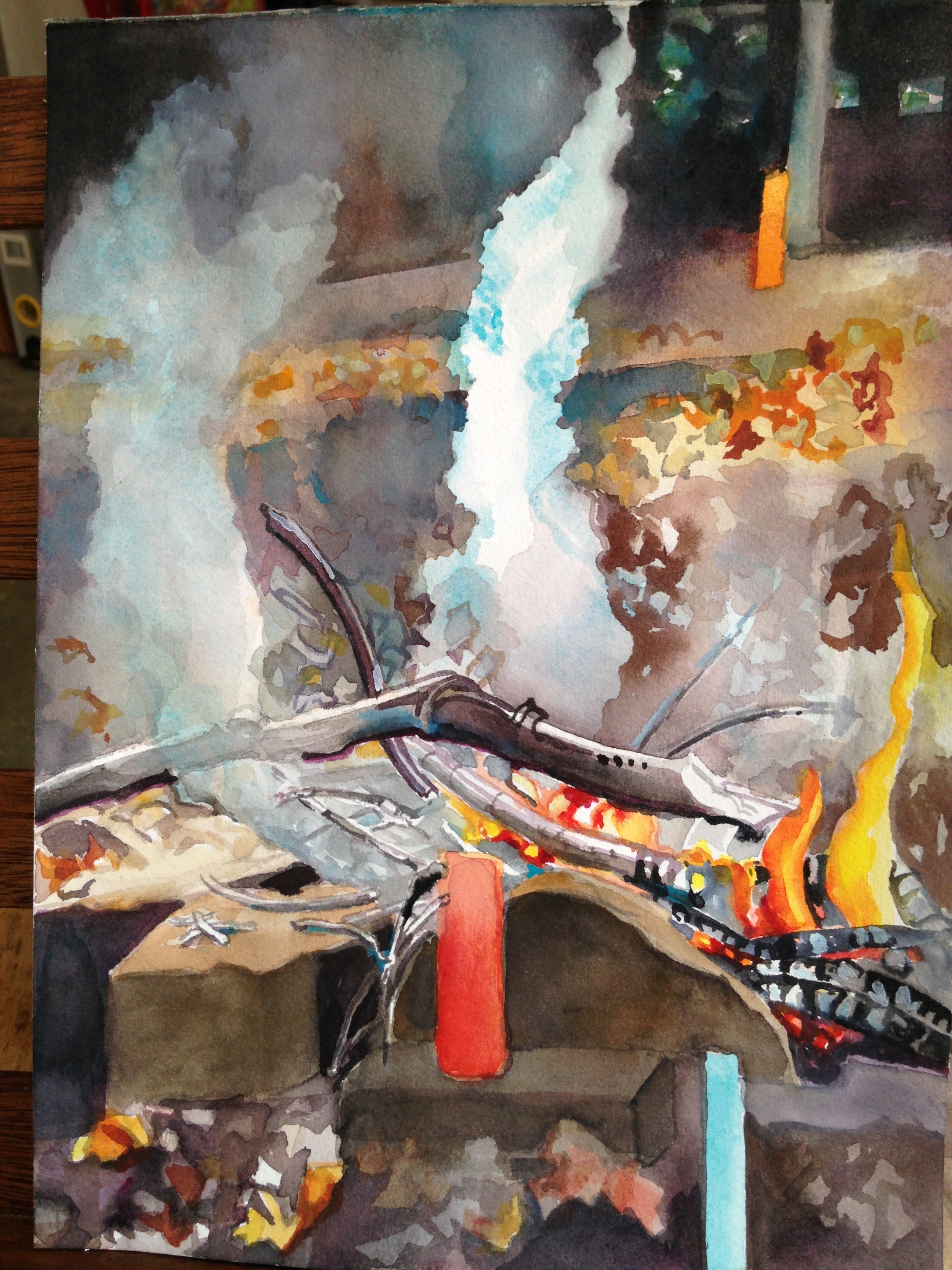 Night Fire, 12 x 9 inches, 2017