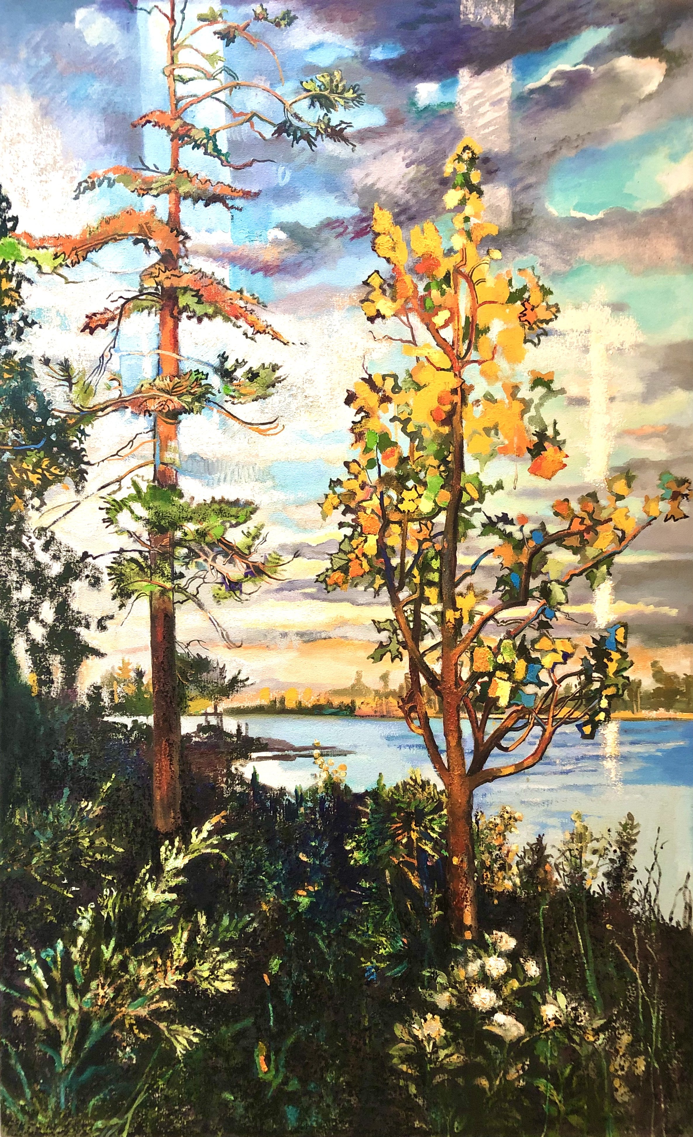 "Two Trees Late Light"   48 x 29.5 inches  oil and oil stick  