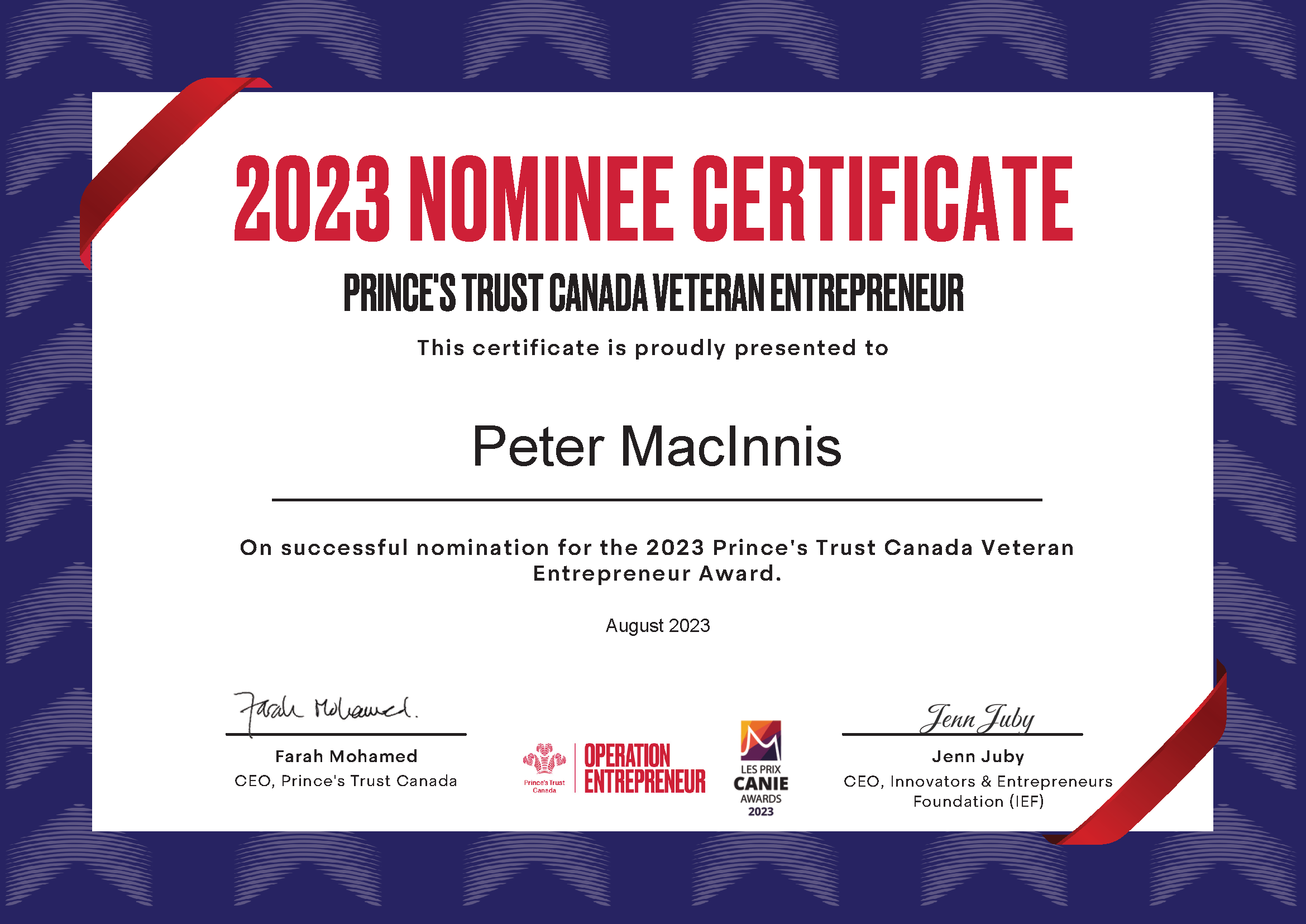 2023 PTC Veteran Entrepreneur  Nominee Cerificate _ Peter MacInnis.png