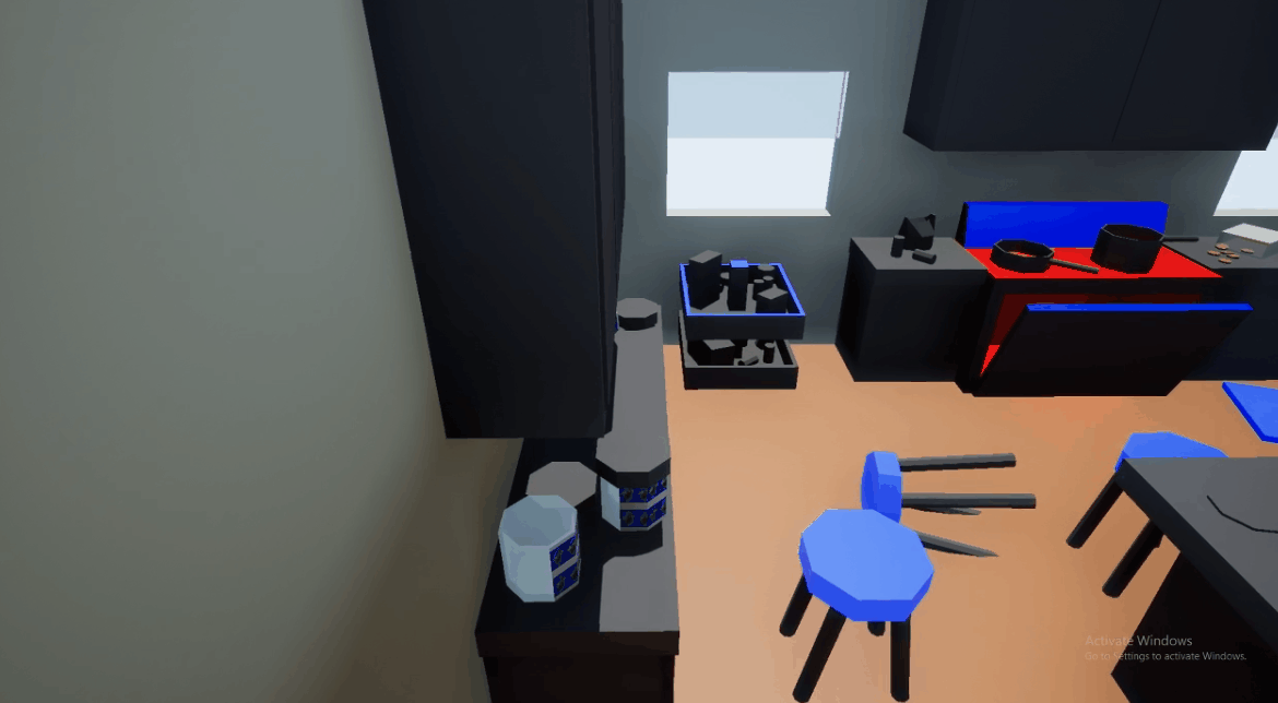   Feedback and Building the Level:   The first round of feedback was given and the idea of having a roaming AI as a threat to the player and having the ability to flop over to hide in plain sight was conceptualized. The next week was working in said 
