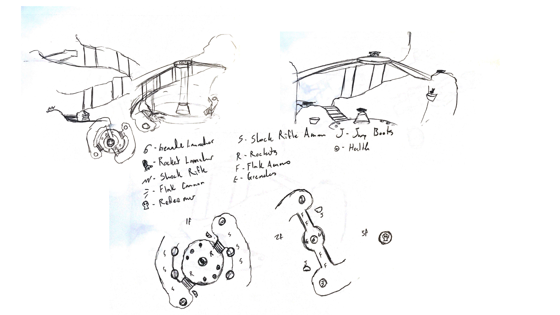   Conceptualization and Building:   Since there wasn’t much in terms of functionality or scripting that needed to be done because the Unreal Tournament Editor is so dense with content, the first week was spent planning with rough paper maps and build