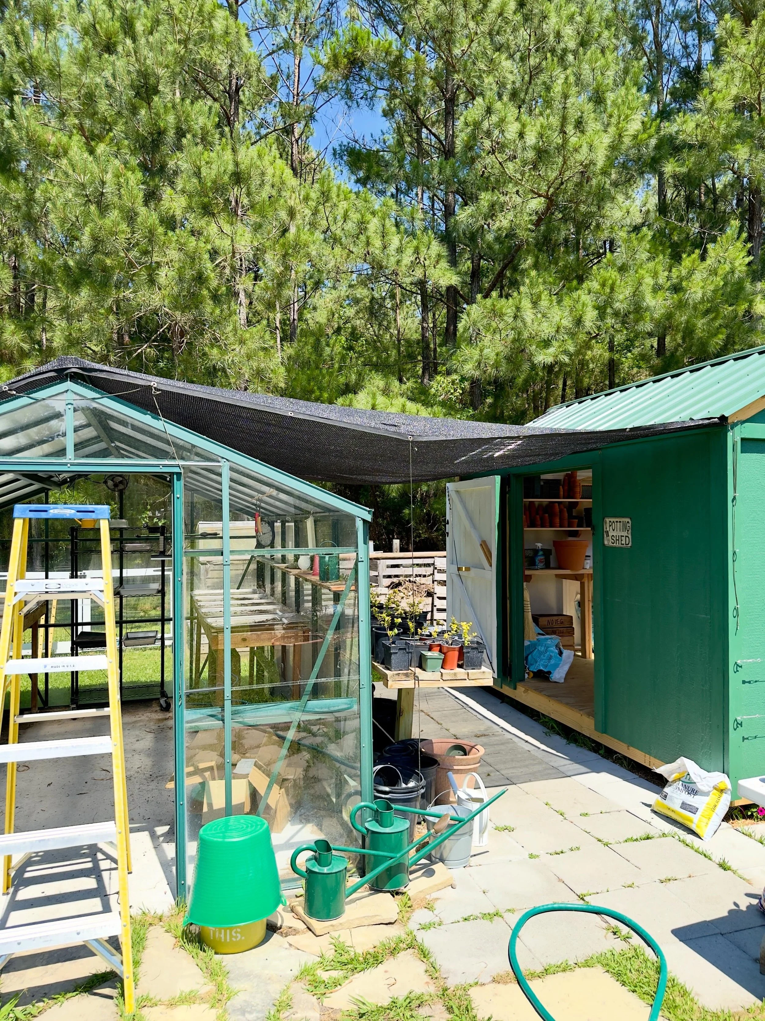 Getting the shade cloth up on the greenhouse. This year I can attach it to the new potting shed. Makes a cool getaway during to hot 🥵 summer days.