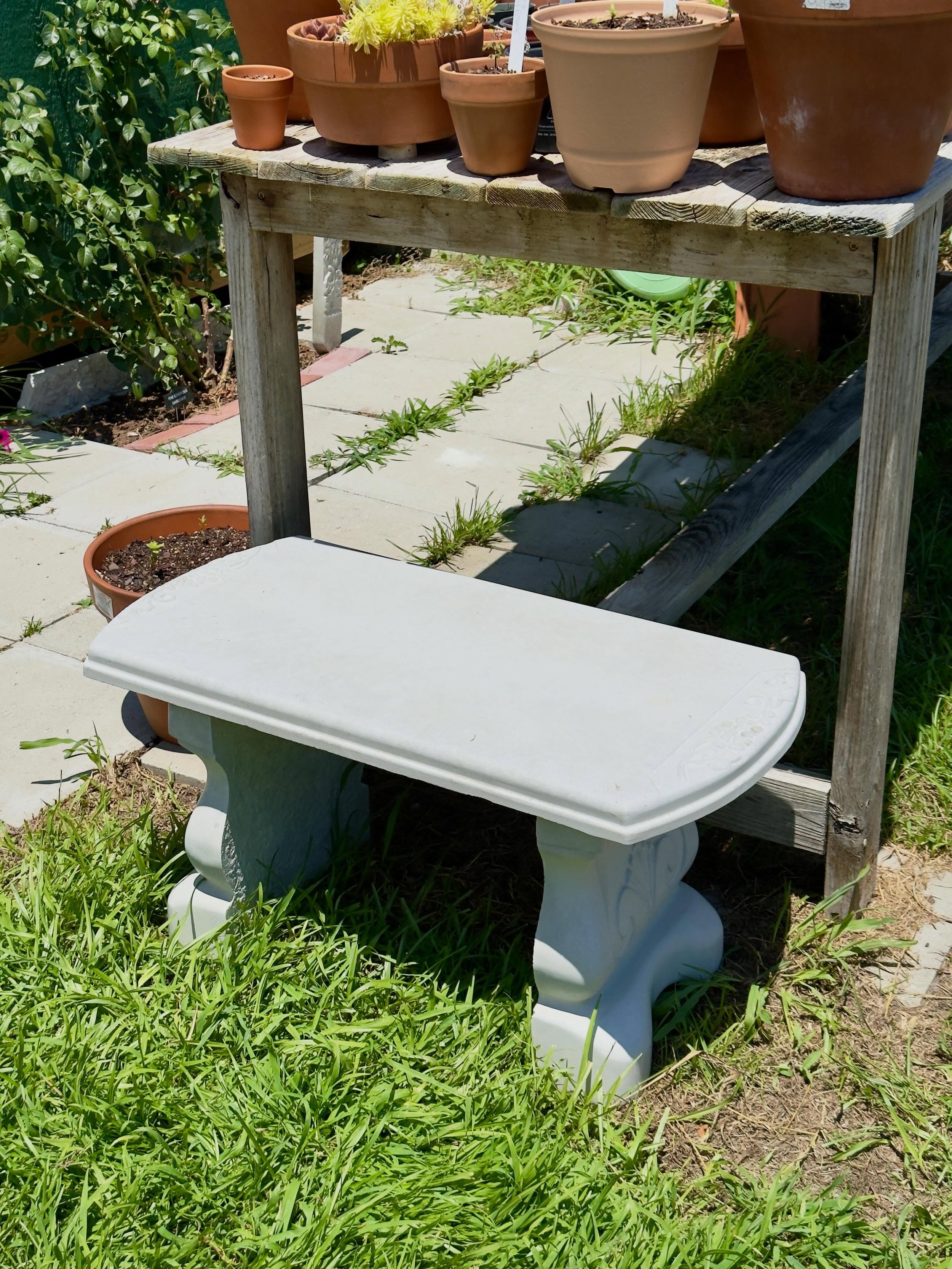 DIY concrete bench. Not sure I&rsquo;m going to keep it here. Maybe move it somewhere else in the vegetable garden?