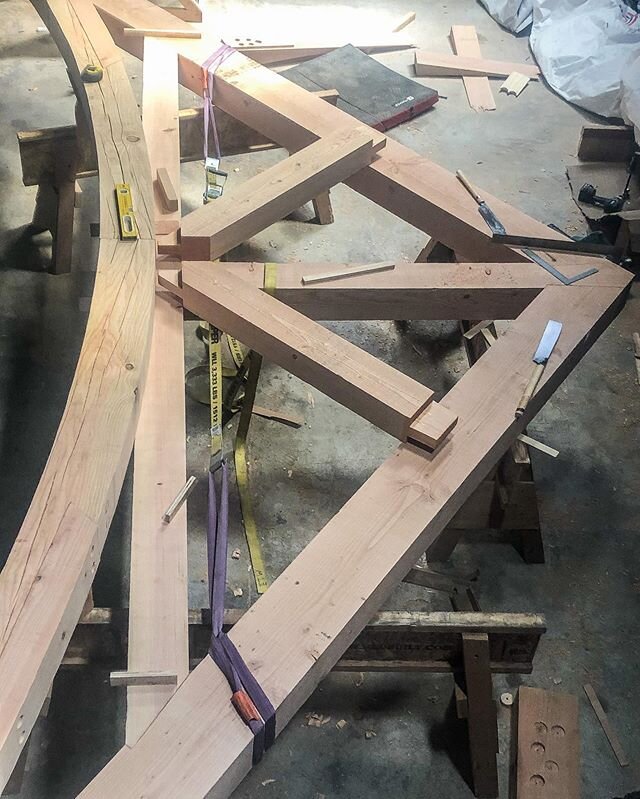 Final layup for the king and queen post as well as the curved bottom chord. It&rsquo;s fun to see things all come together. .
.
.
#timberframe #customtimberhome #timberframing #timberframersguild #woodcraft #woodworking #timberframer #handcrafted #ma