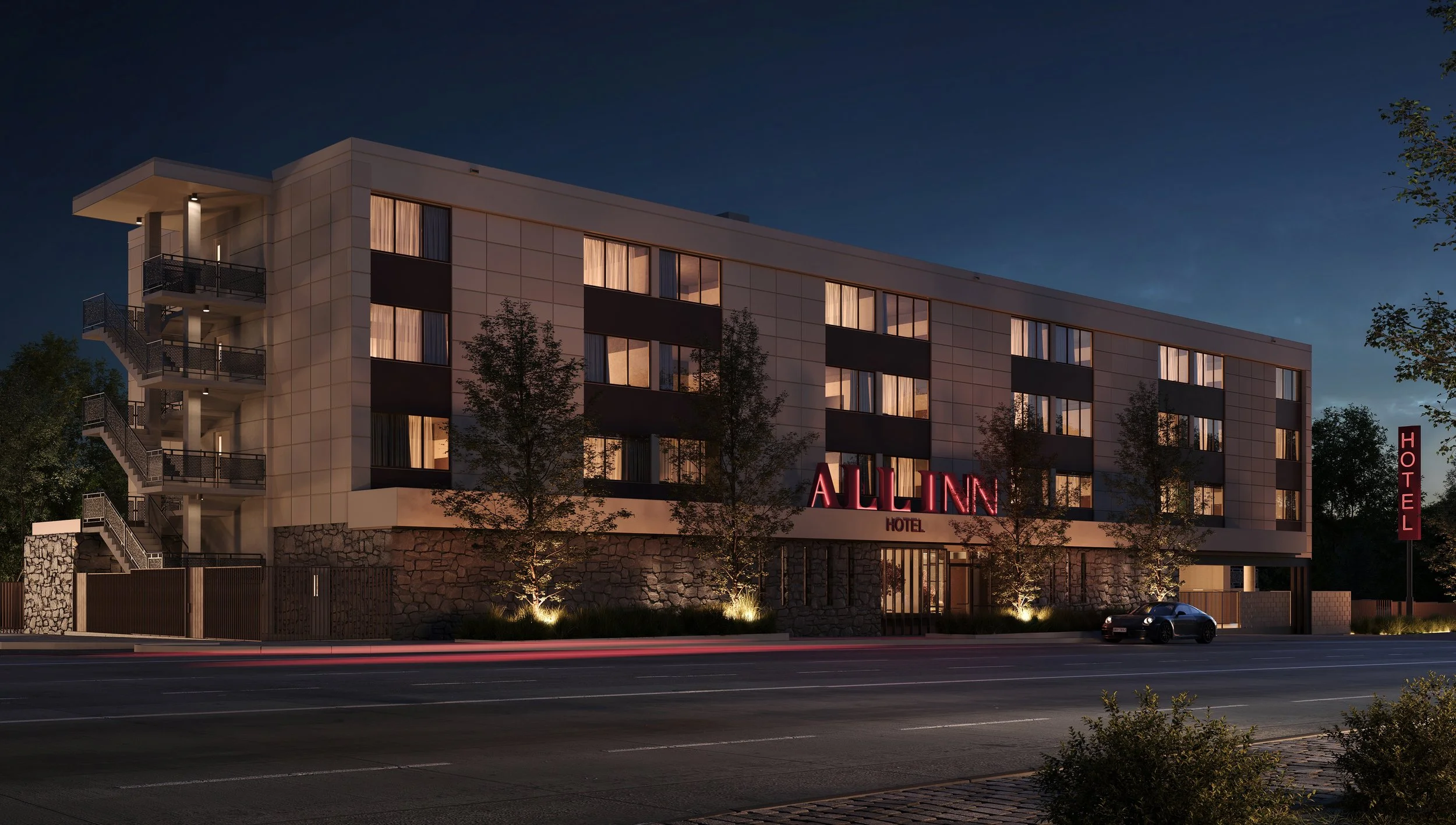 Exterior of the All Inn Hotel on East Colfax Avenue in Denver, Colorado, a historic 1959 motor inn reimagined as a boutique hotel with restored mid-century architecture and neon signage.