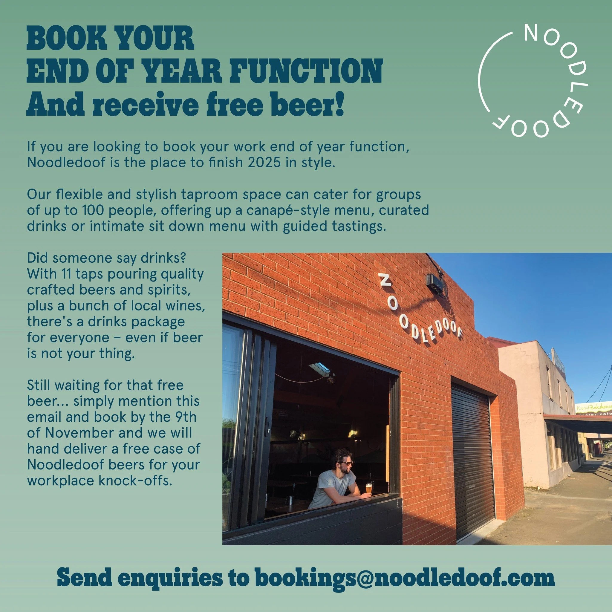 You heard it free beer!
Book your Christmas party with Noodledoof before November 9th and we will deliver a case of delicious Noodledoof beers for your workplace knock offs. 
Head to function link in bio or send your enquiries to bookings@noodledoof.