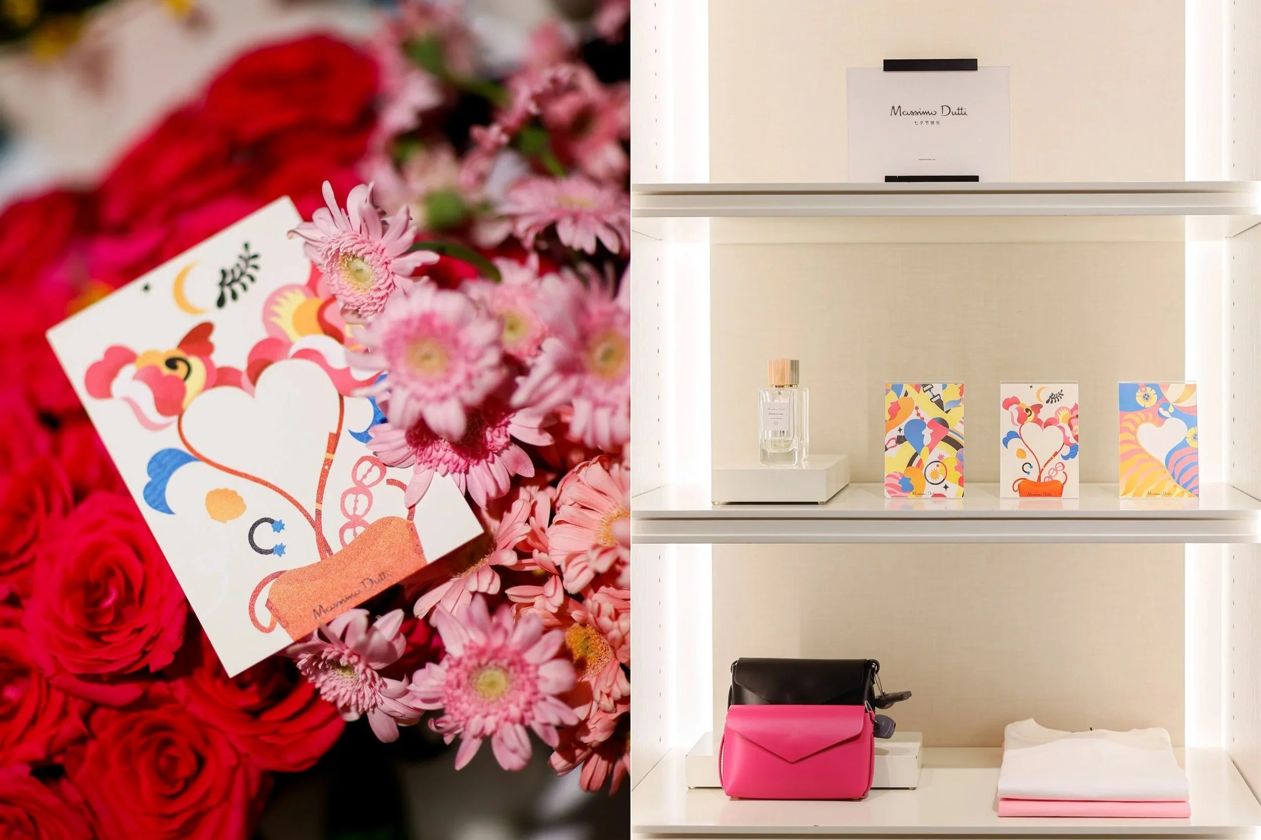 Left side: close-up of pink and red flowers, including daisies and roses, with a partially visible decorative card. Right side: display shelf with white background, containing perfume bottles, colorful boxes, and handbags, including a black purse and
