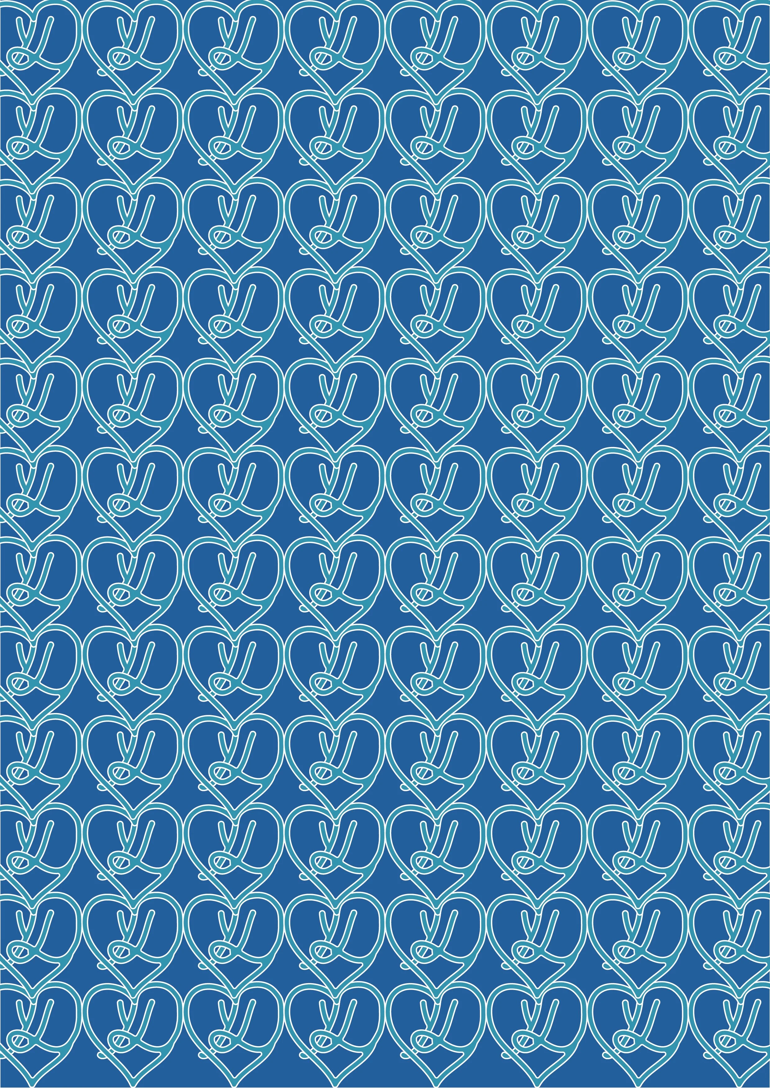 Blue background pattern with white line art hearts entwined with knitting needles.