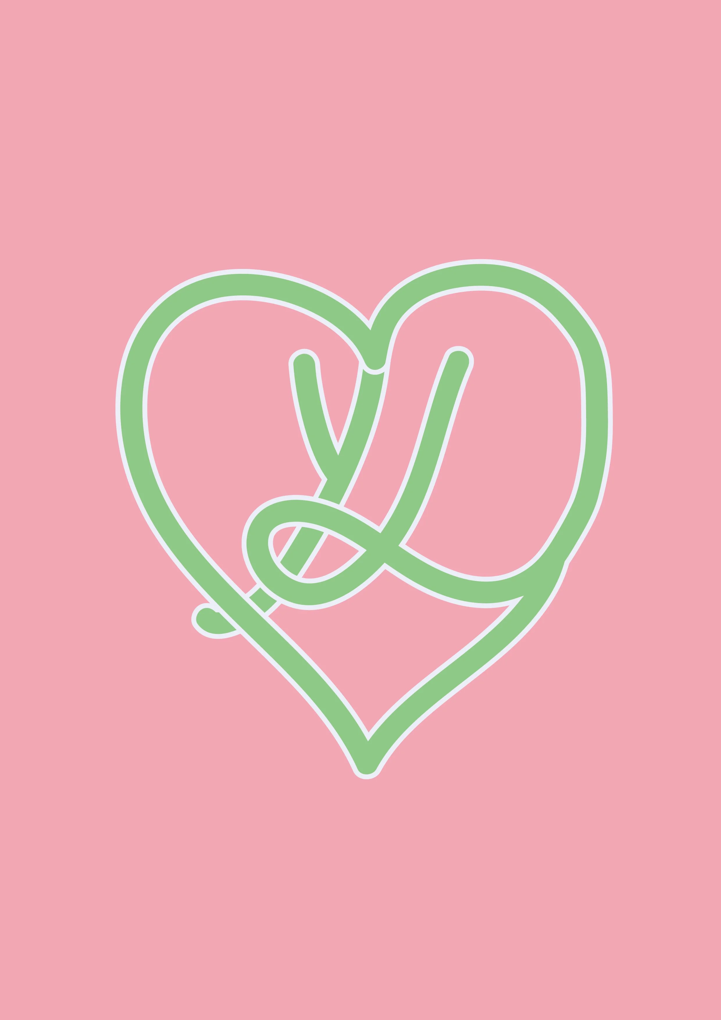 A neon sign shaped like a heart with a stylized arrow through it, mounted on a pink wall.