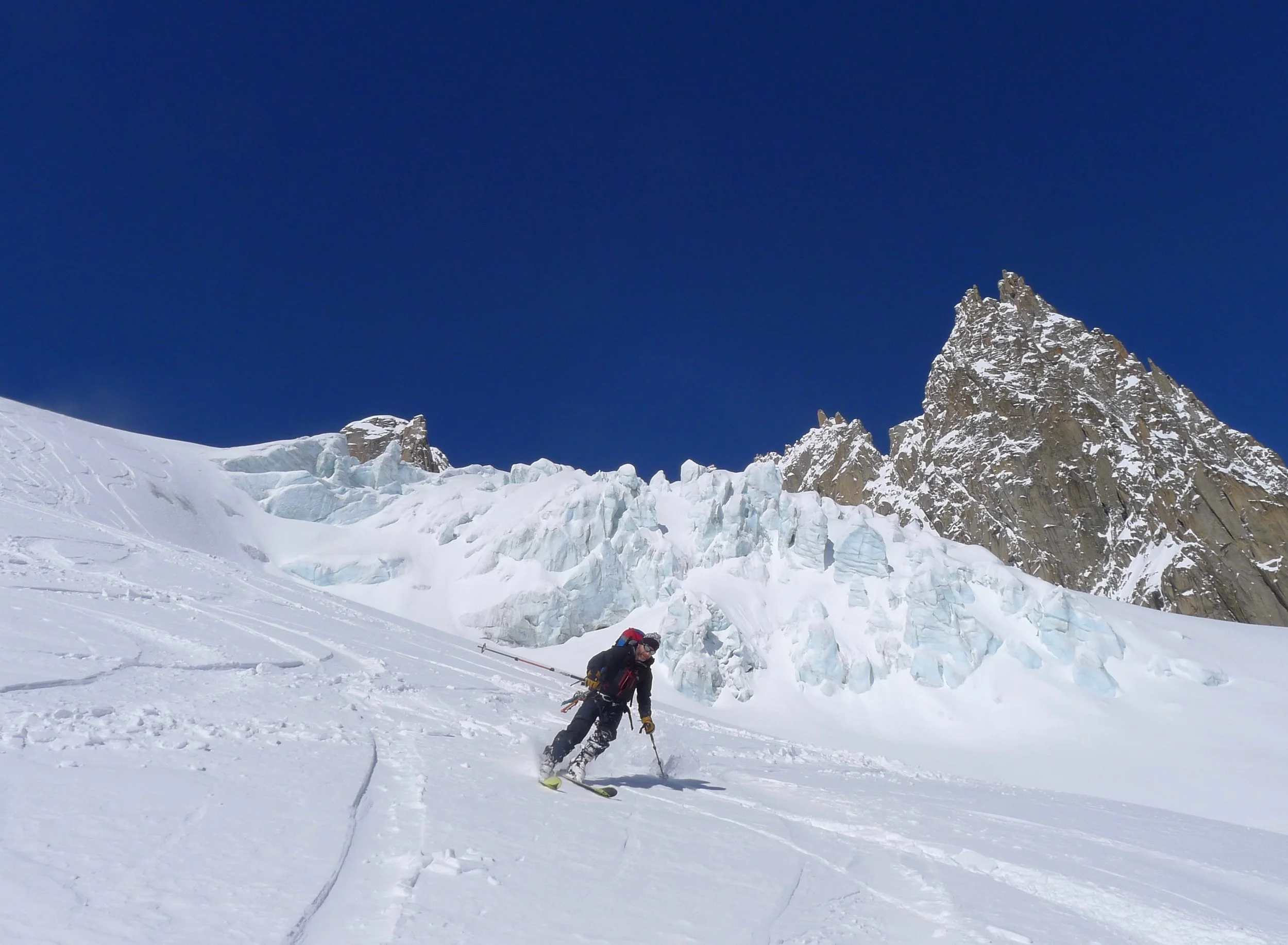 Glacial scenery skiing in the Vallee Blanche, Chamonix. Dave Palmer skiing
