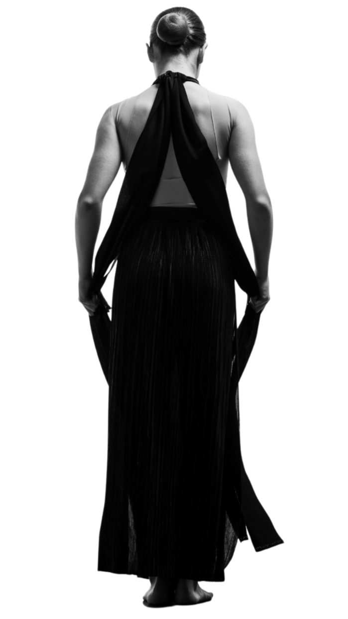 Back view of a young girl in a long, flowing black dress holding long scarfs of fabric by her side.