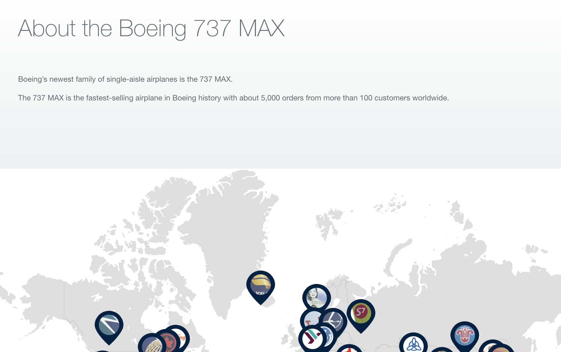 Boeing still publishing proud 737 Max text on its website.
