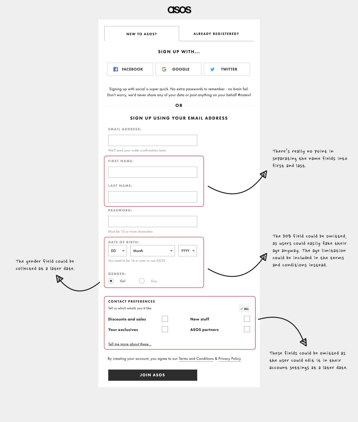 ASOS sign up screen is unnecessarily long and include redundant fields.