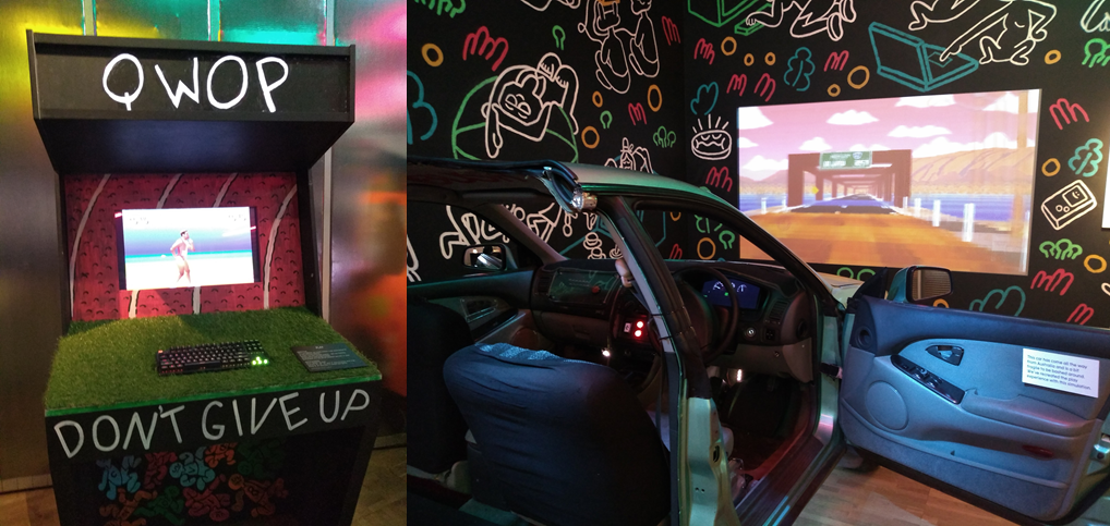 Figure 4: two examples of the variety on show in the Play section. The QWOP cabinet (Left). The arcade machine made from half a car (Right).