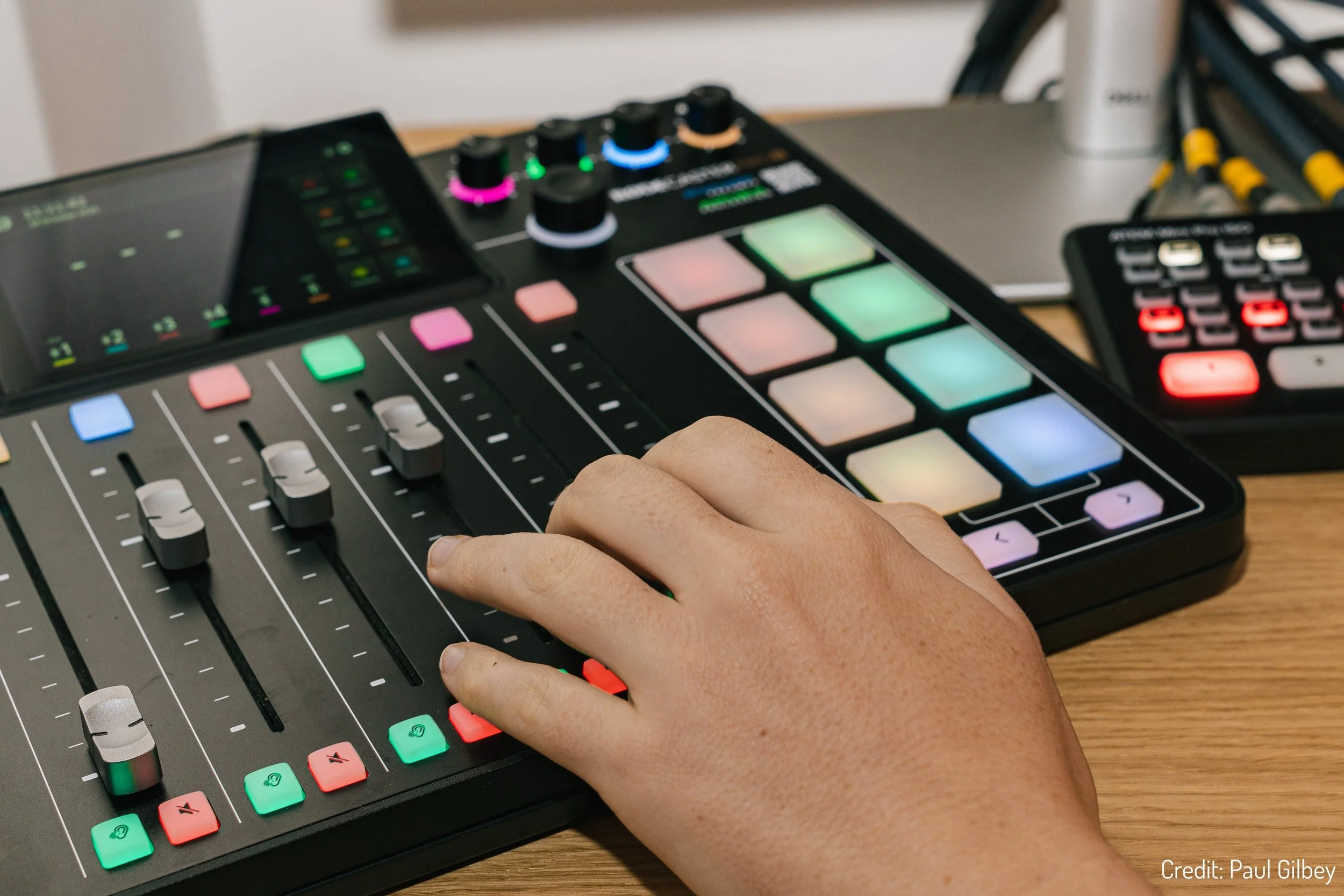  Podcast studio equipment including Rodecaster desk and Blackmagic video mixer 