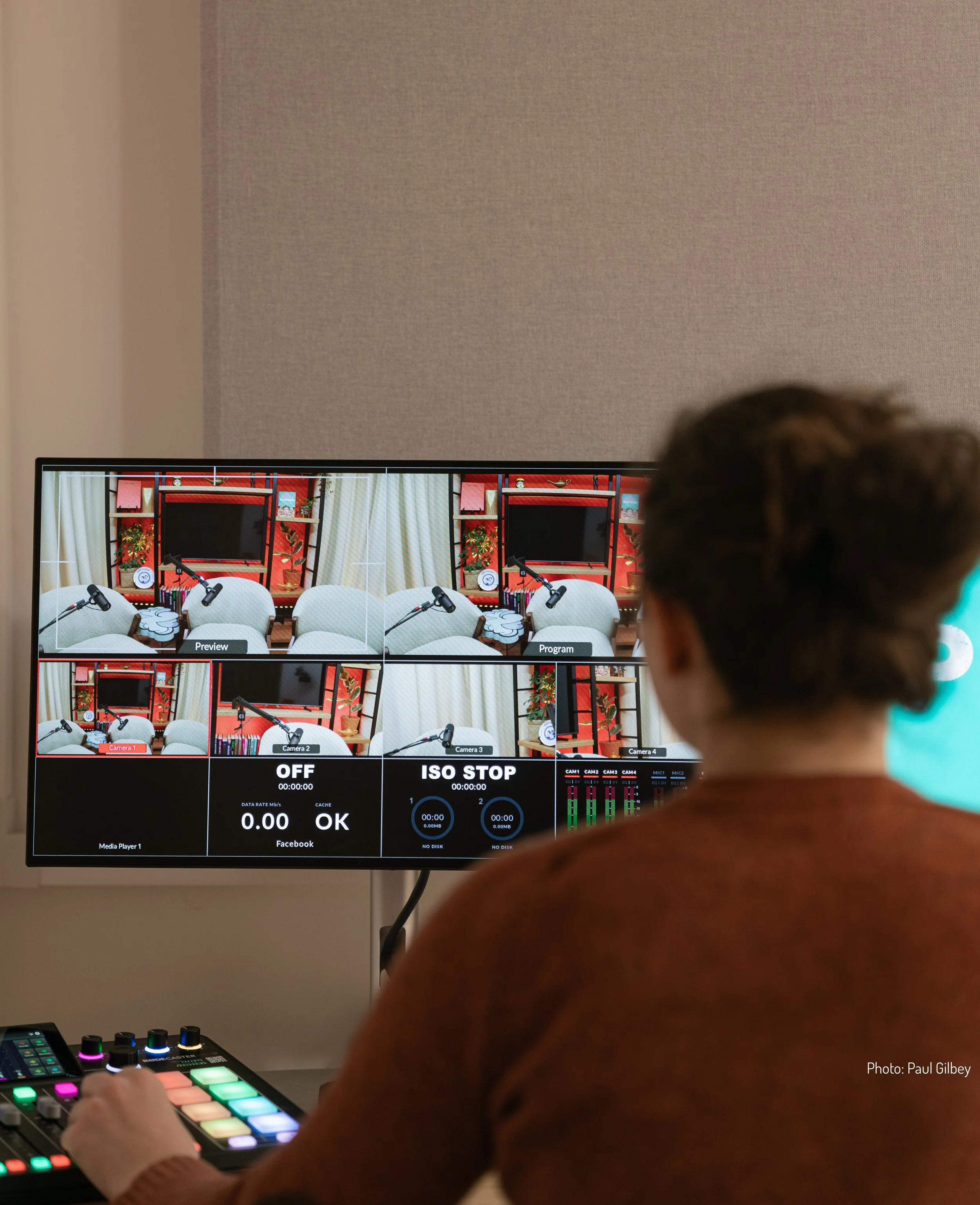  A video engineer working on a podcast 