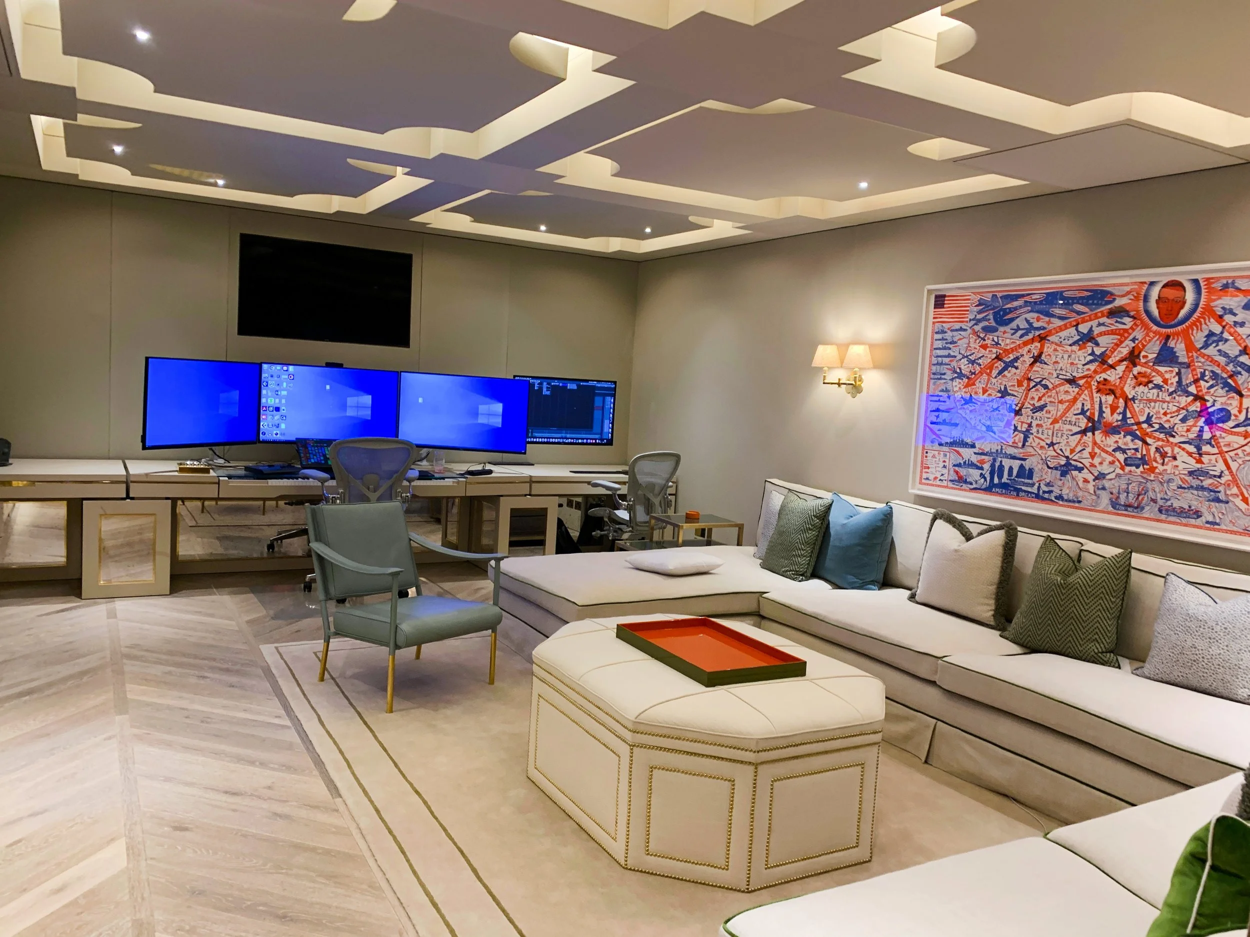  Composer’s private production studio with acoustic treatment built into the ceiling and walls, hidden by a fabric lining.  