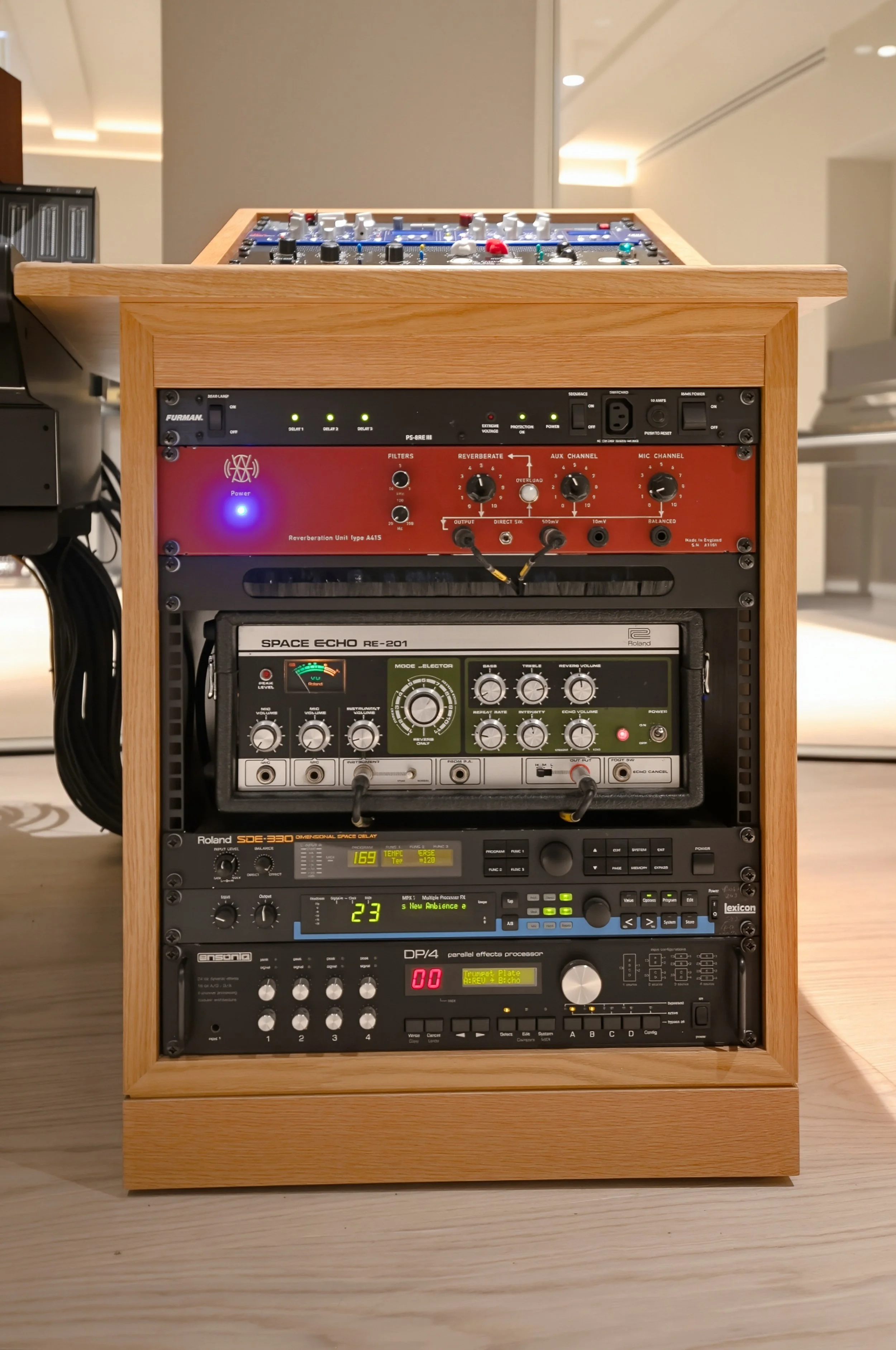  Studio furniture rack by Yellow Technology, contains Space Echo reverb and other hardware reverbs 