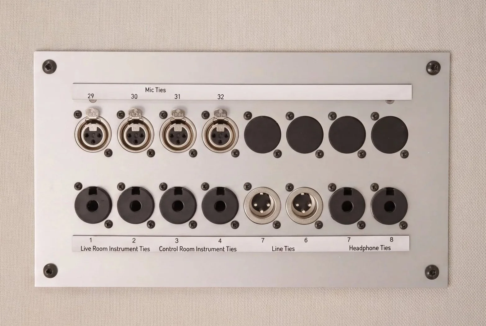  Yellow Technology custom connector panel in recording studio live room with Neutrik XLR and jack connectors 