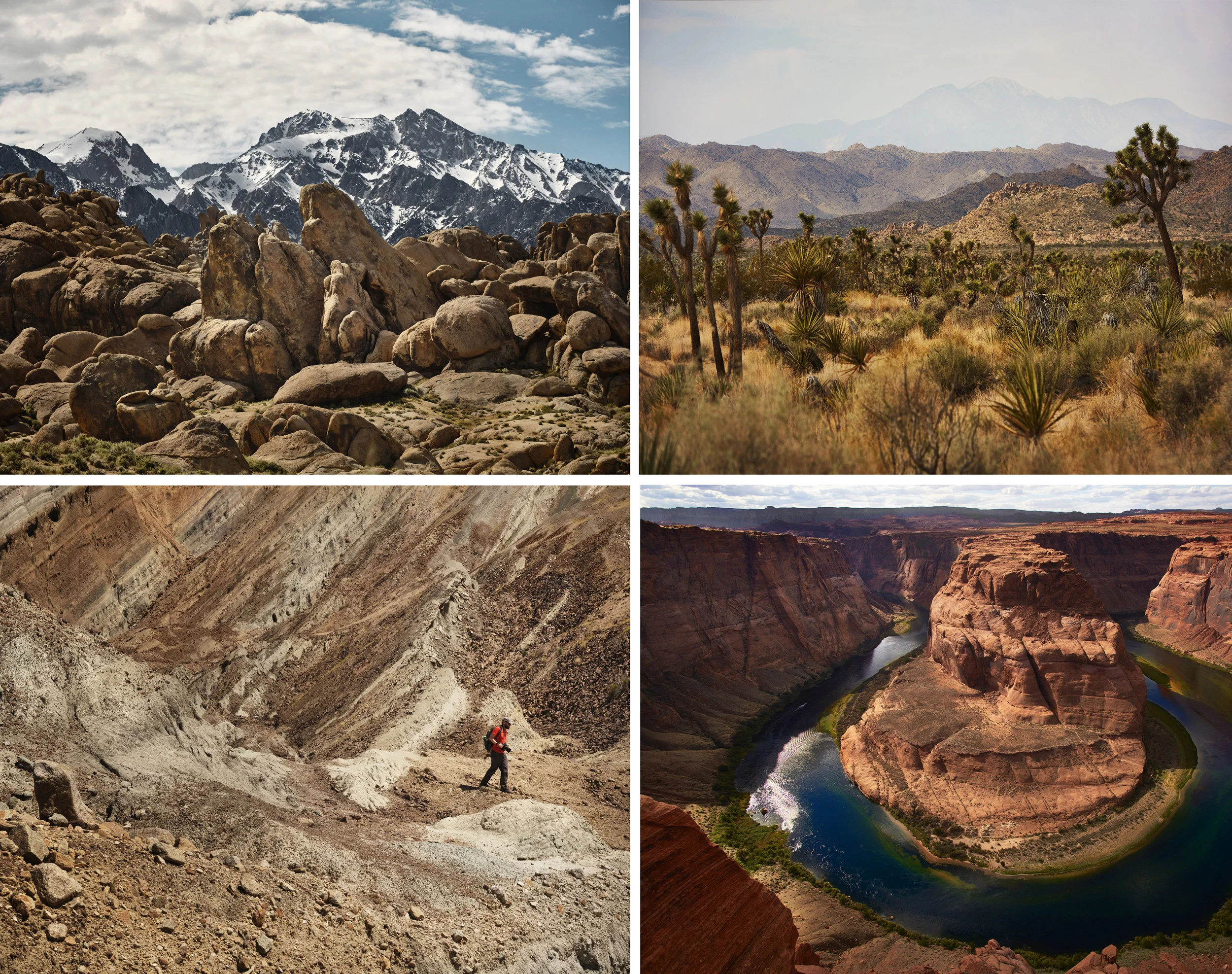 Clockwise from left: 1. Alabama Hills, California 2. Joshua Tree National Park, California, 3. Horseshoe Bend, Arizona, 4. Rainbow Basin, California