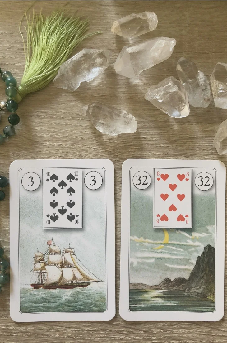 Lenormand Ship card combinations and interpretations. Learn how to combine the Lenormand Boat card for general, love, business, money, health and other types of readings. Ship is also known as The Boat. Here is how to combine it with the House, Book, Moon, Stork and other cards from your deck.