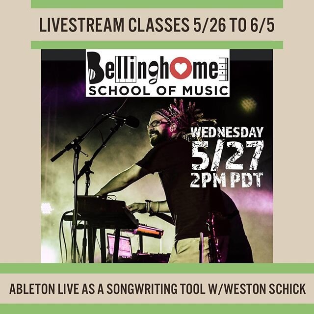 Free will donation Livestream Classes, 2PM PDT Daily. 
A COVID-19 Relief Fundraiser for Bellinghome. 
Episode #2 - Abelton Live as a Songwriting Tool w/Weston Schick

Learning the basics of Ableton Live to quickly create scratch tracks as a songwrite