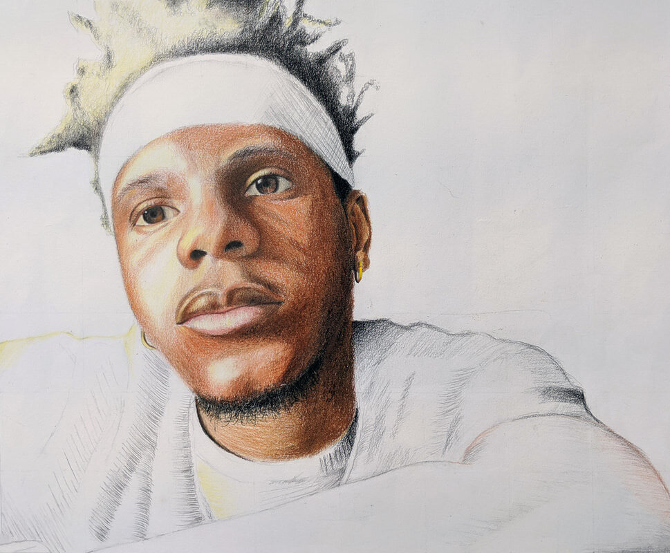“Self Portrait” 2020Colored Pencil on Paper, 14 in x 17 in