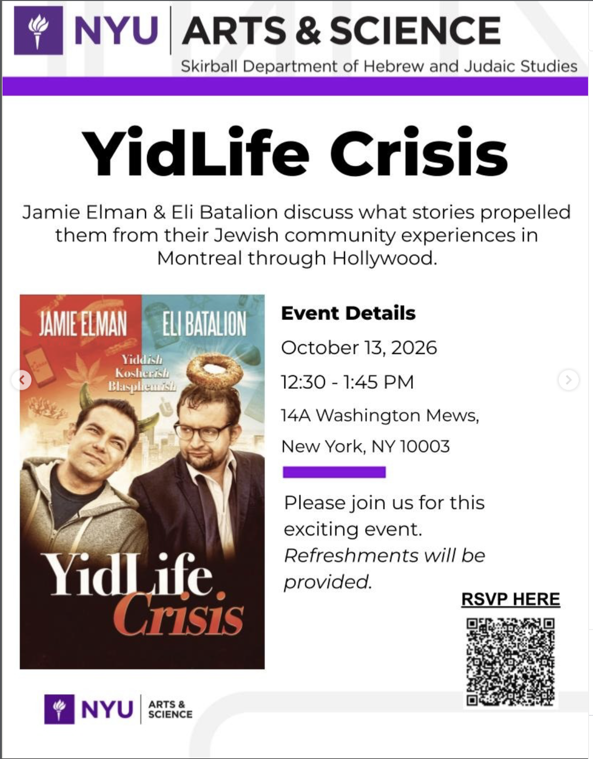 NYU, New York, NY - An *Afternoon* with YidLife Crisis