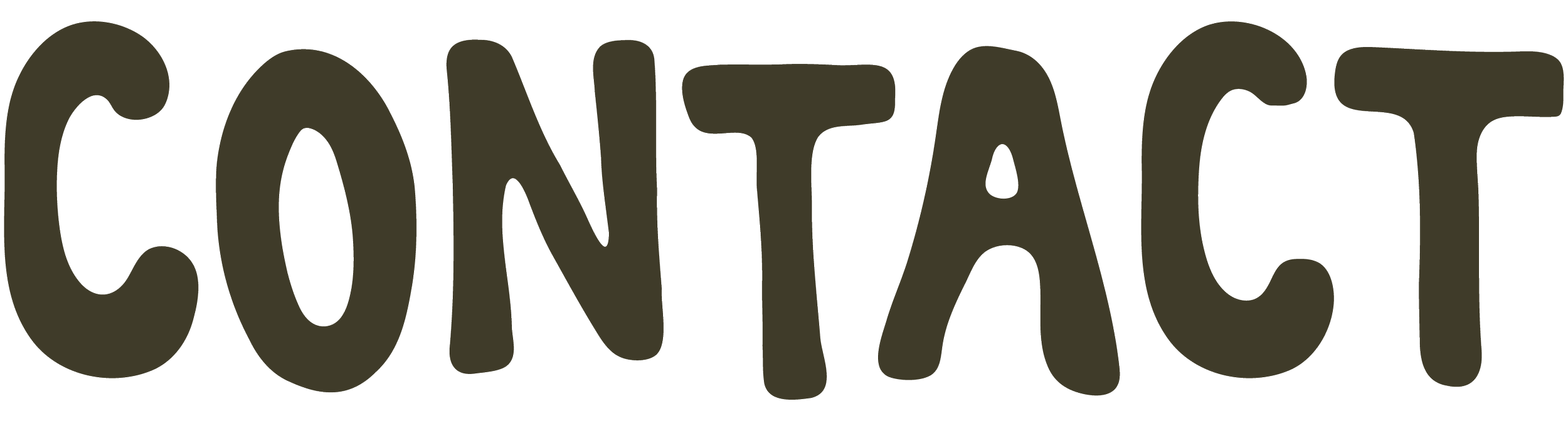 Bold, stylized text that reads 'CONTACT' in dark green on a transparent background.