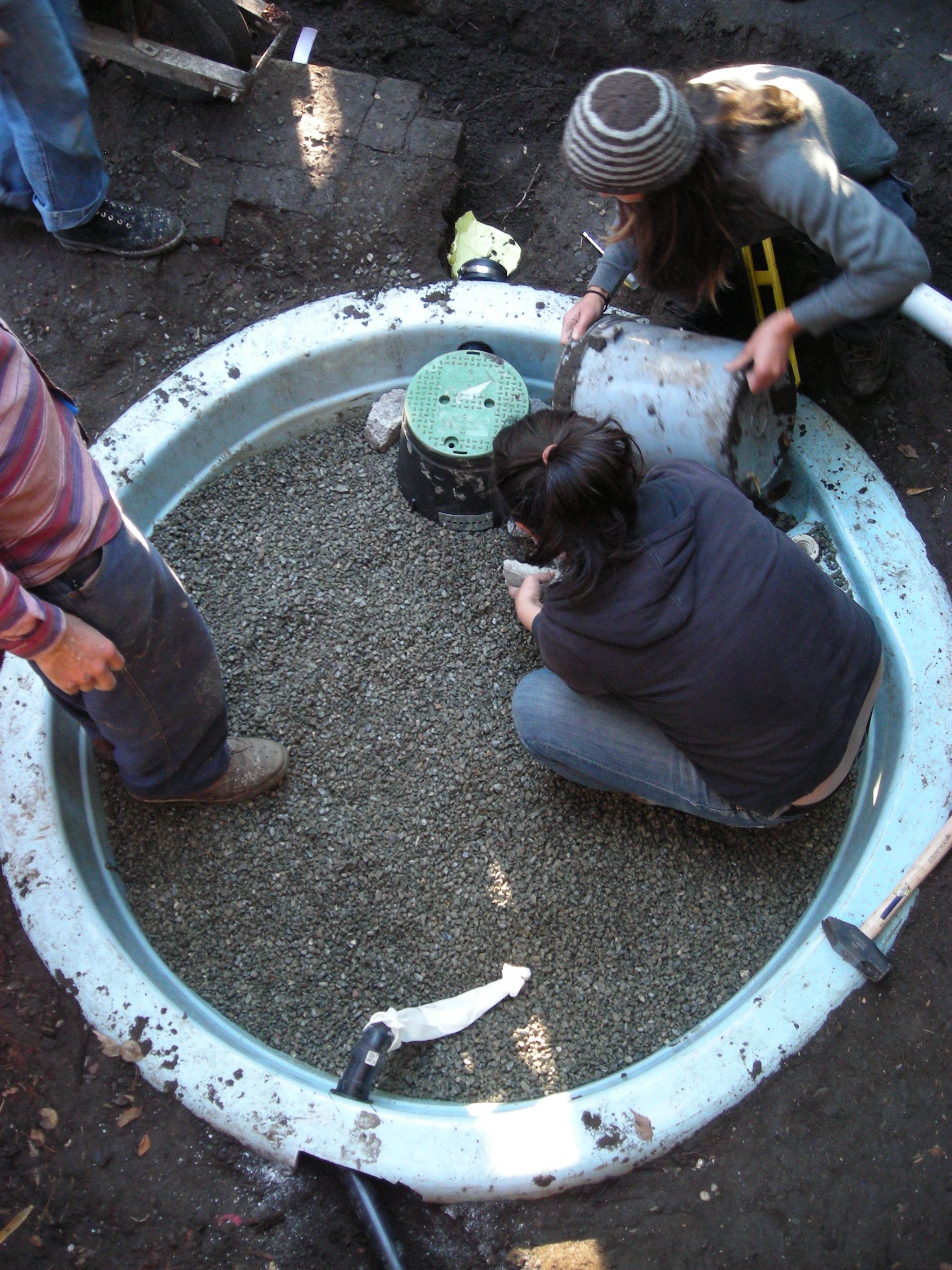  A constructed wetland for greywater irrigation was built from an old hot-tub and planted with native riparian vegetation whose roots filter contaminants. Overflow irrigates fruit trees. Thanks to  Dig Cooperative  for design and installation. 