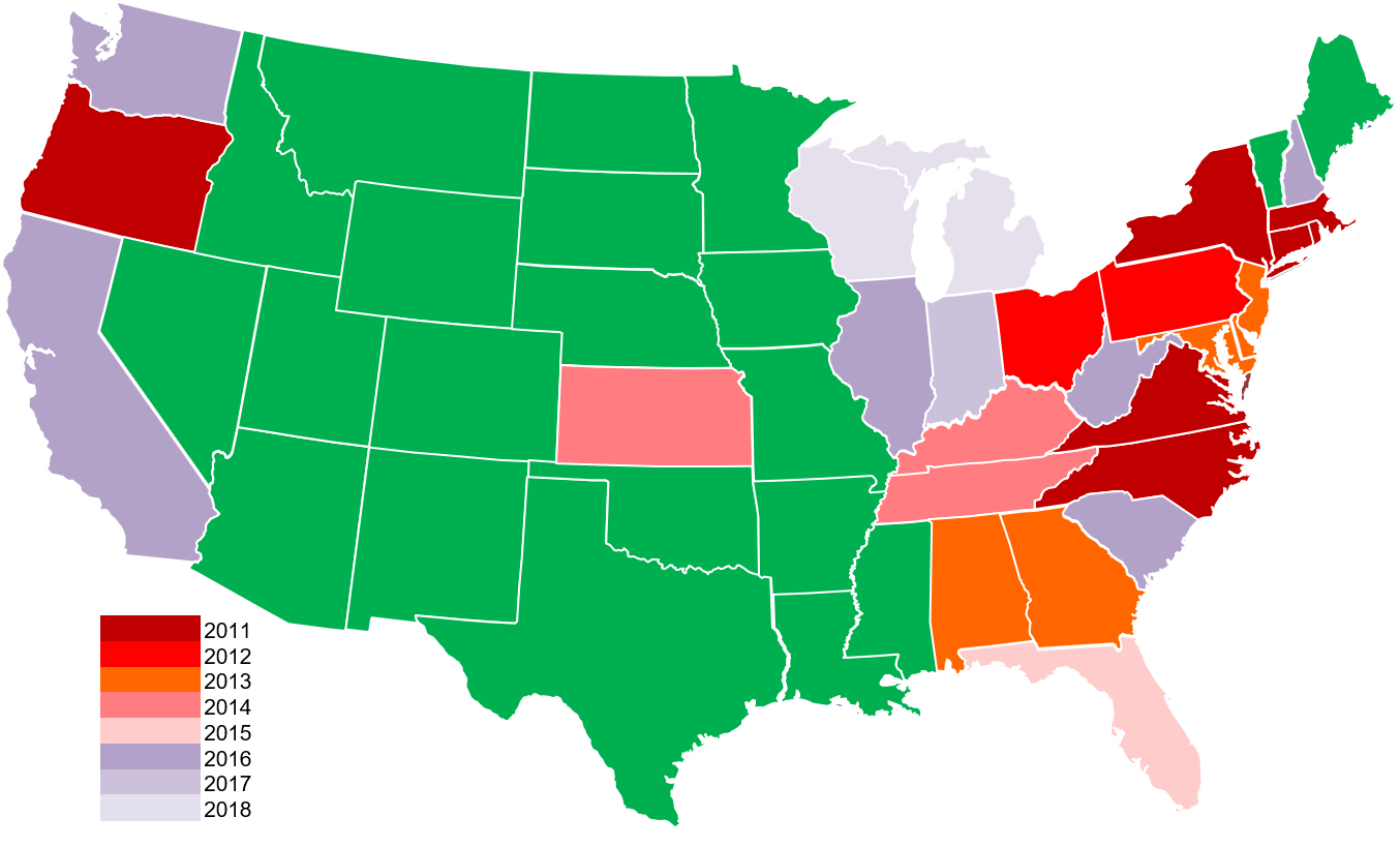 Map of states with known cases of Boxwood Blight as of 2018