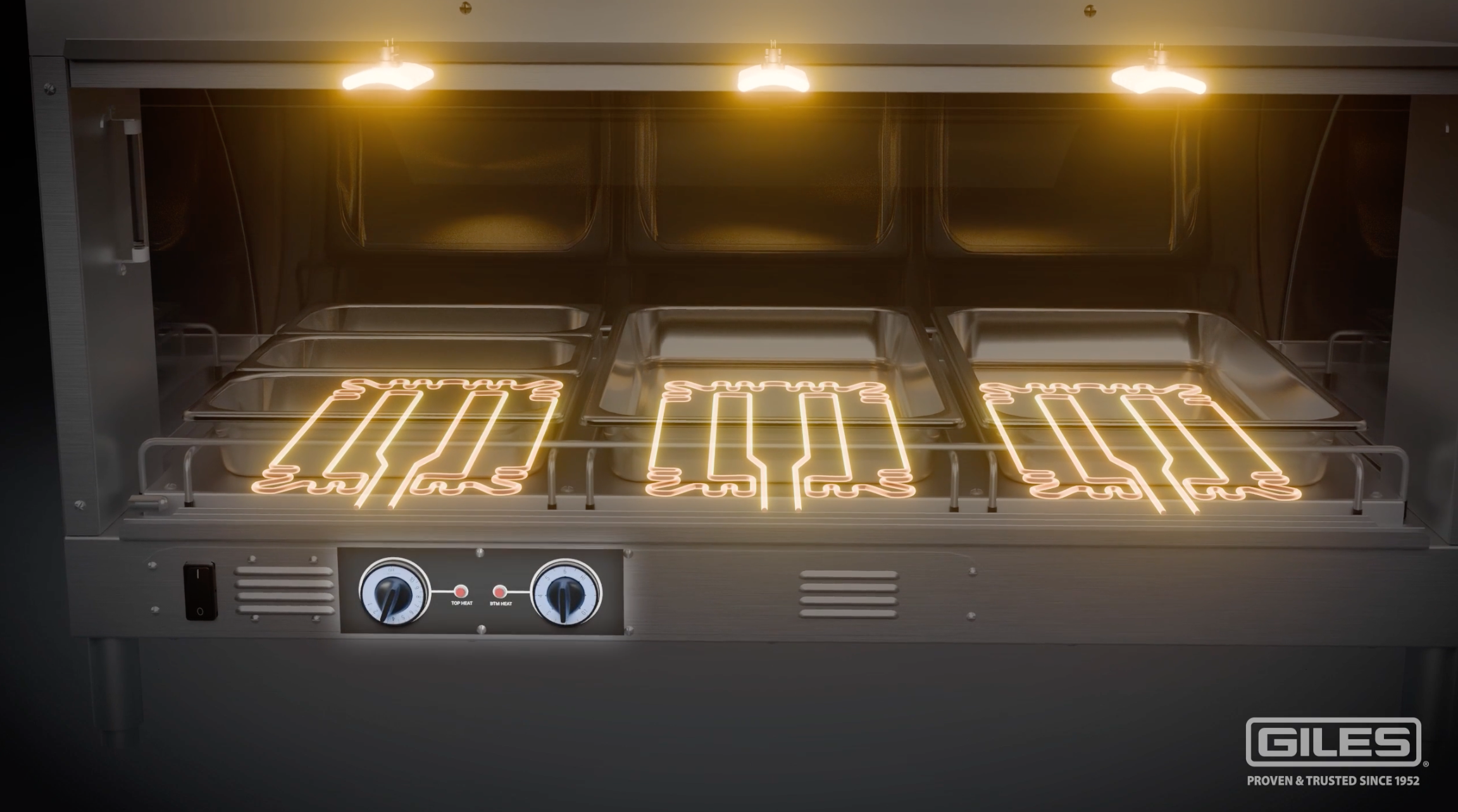 Upper and lower heating elements maintain proper food and air temperatures within the hot case. 