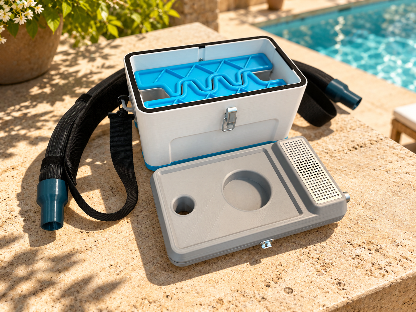 The main electrical components of this assembly consist of a fan, potentiometer, and battery. The fan draws air through the aluminum manifold which is filled with ice. This heat exchanger approach abosrbs the heat coming in and converts it to ice col