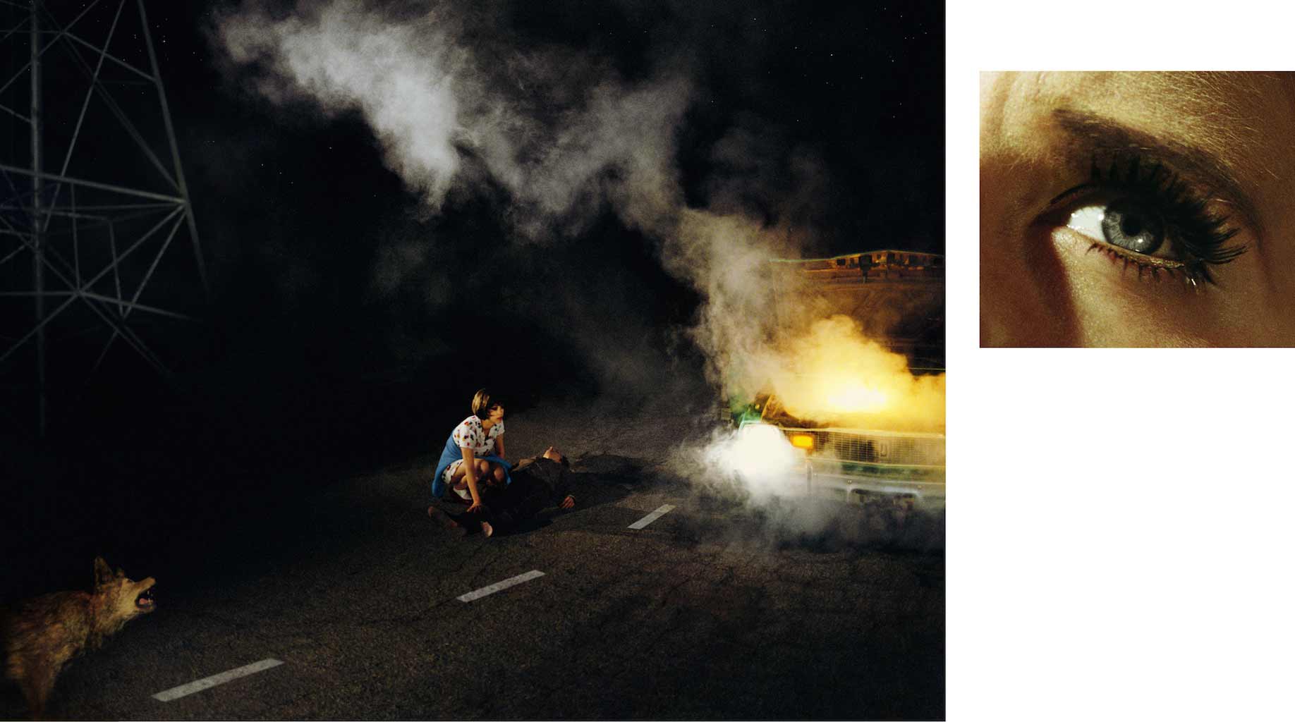   Compulsion   11:45 PM, Griffith Park and Eye #4 (Roadside Victim) (Diptych),  2012 Scene: 48 x 63 inches, Eye: 20 x 23 inches 